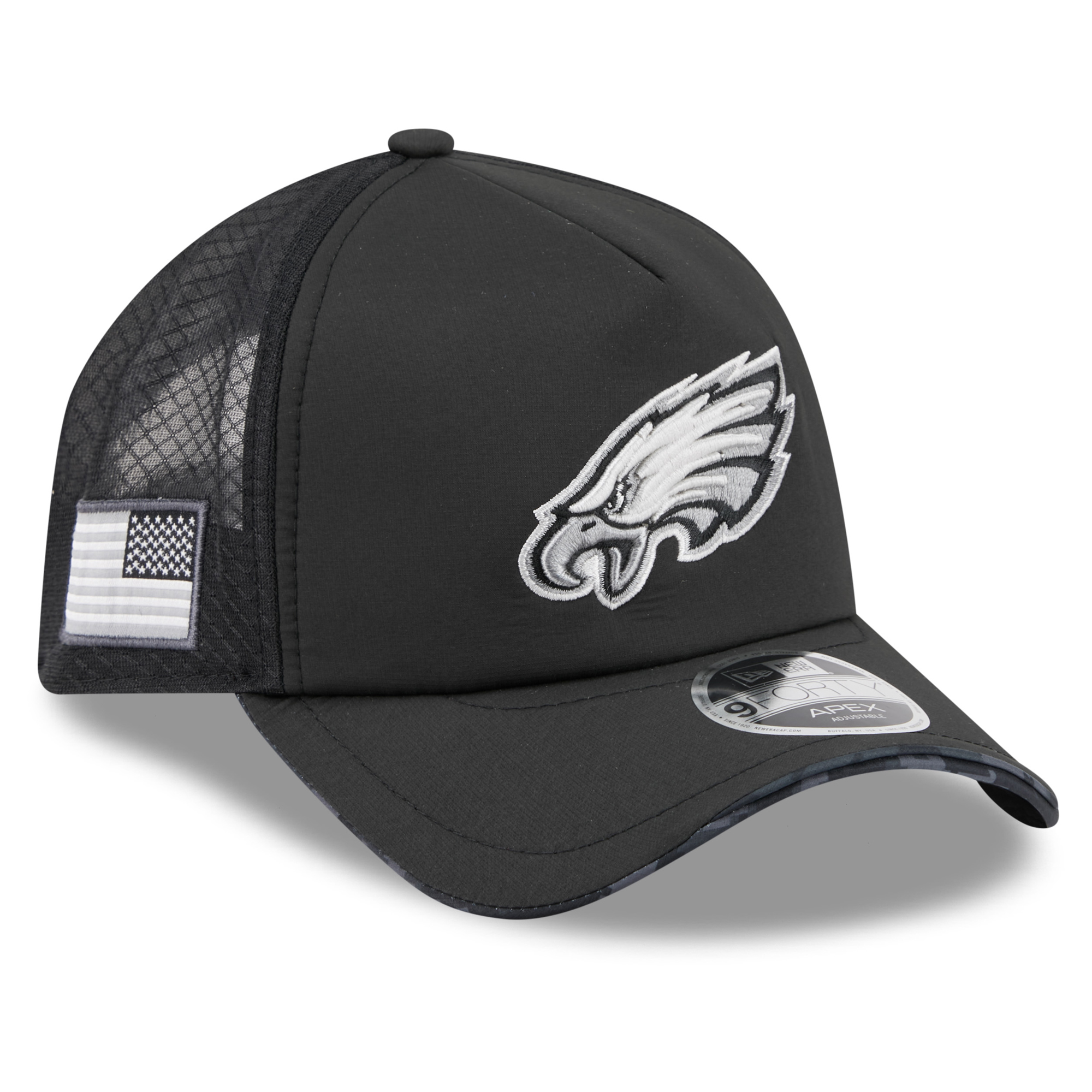 Men's New Era Black Philadelphia Eagles 2026 Salute To Service Apex 9FORTY Adjustable Trucker Hat