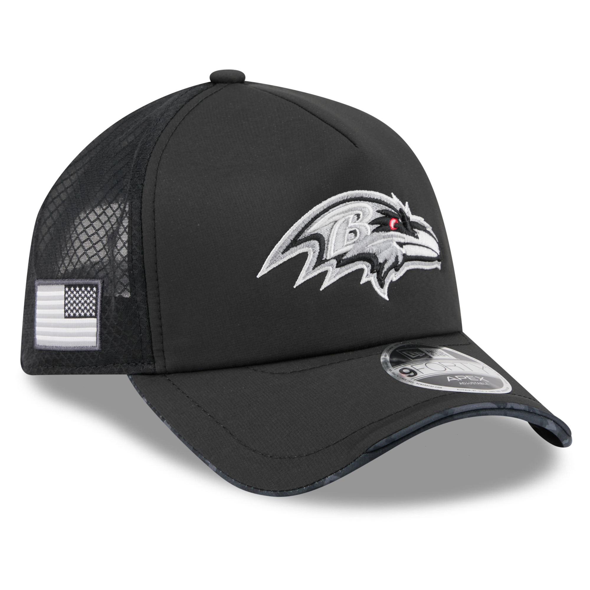 Men's New Era Black Baltimore Ravens 2026 Salute To Service Apex 9FORTY Adjustable Trucker Hat