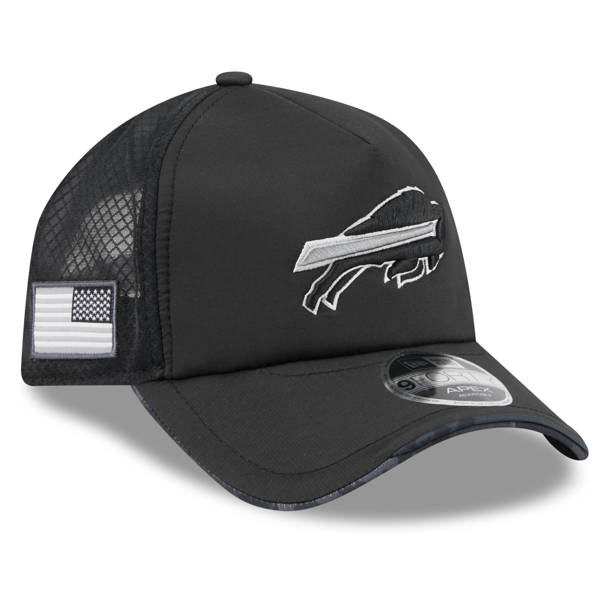 Men's New Era Black Buffalo Bills 2026 Salute To Service Apex 9FORTY Adjustable Trucker Hat