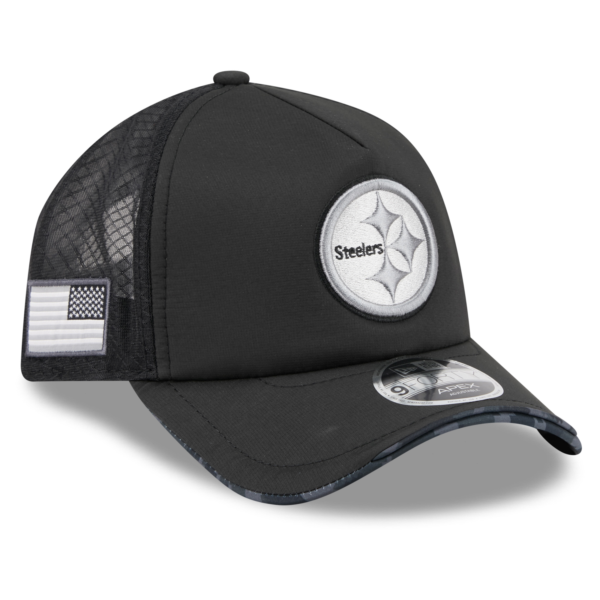Men's New Era Black Pittsburgh Steelers 2026 Salute To Service Apex 9FORTY Adjustable Trucker Hat
