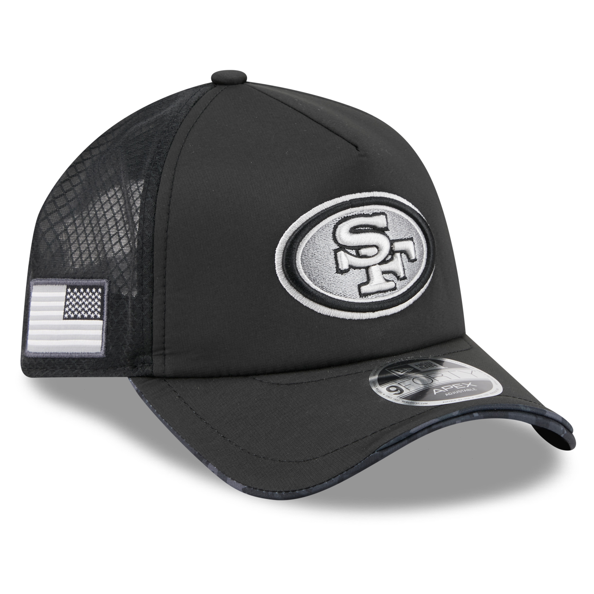 Men's New Era Black San Francisco 49ers 2026 Salute To Service Apex 9FORTY Adjustable Trucker Hat