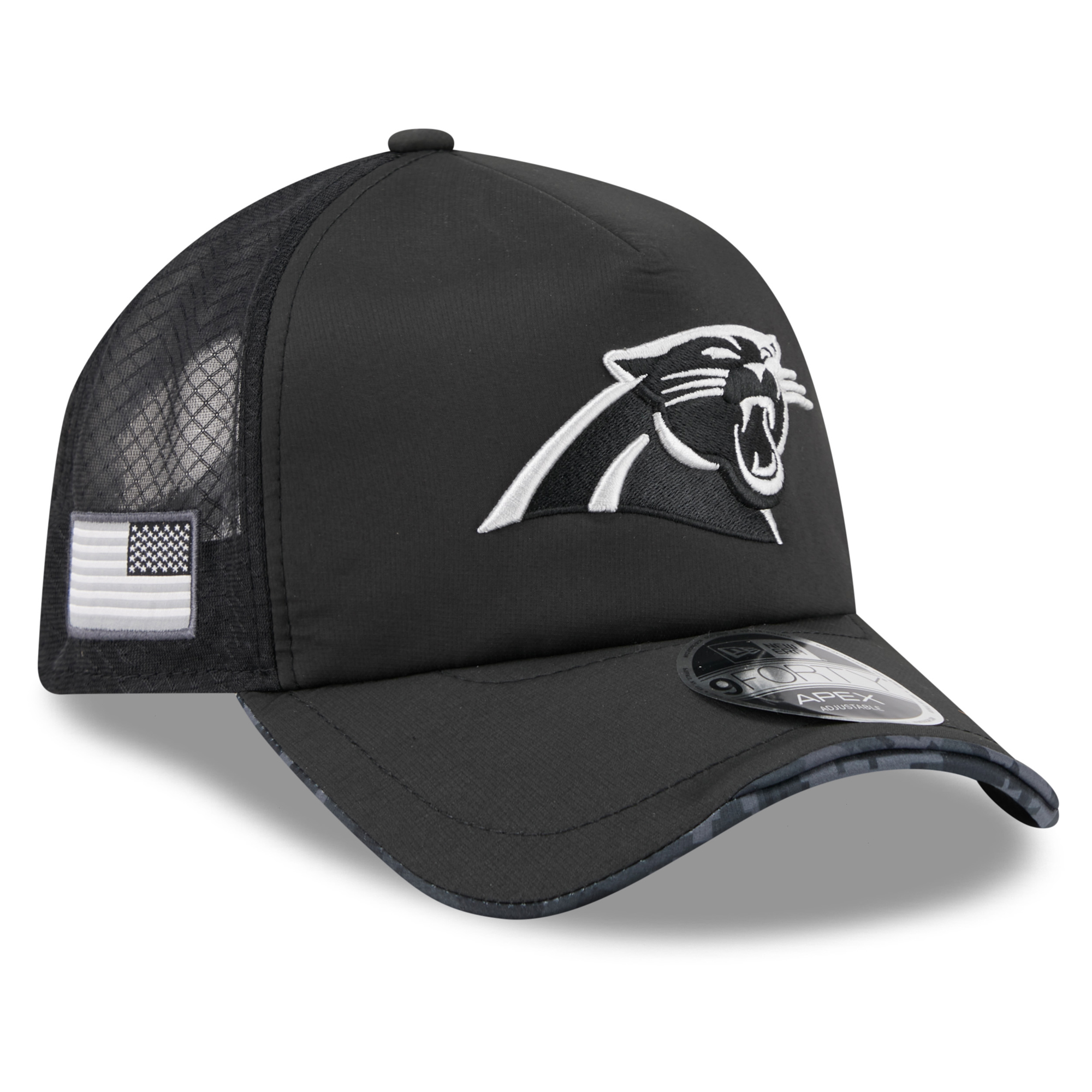 Men's New Era Black Carolina Panthers 2026 Salute To Service Apex 9FORTY Adjustable Trucker Hat
