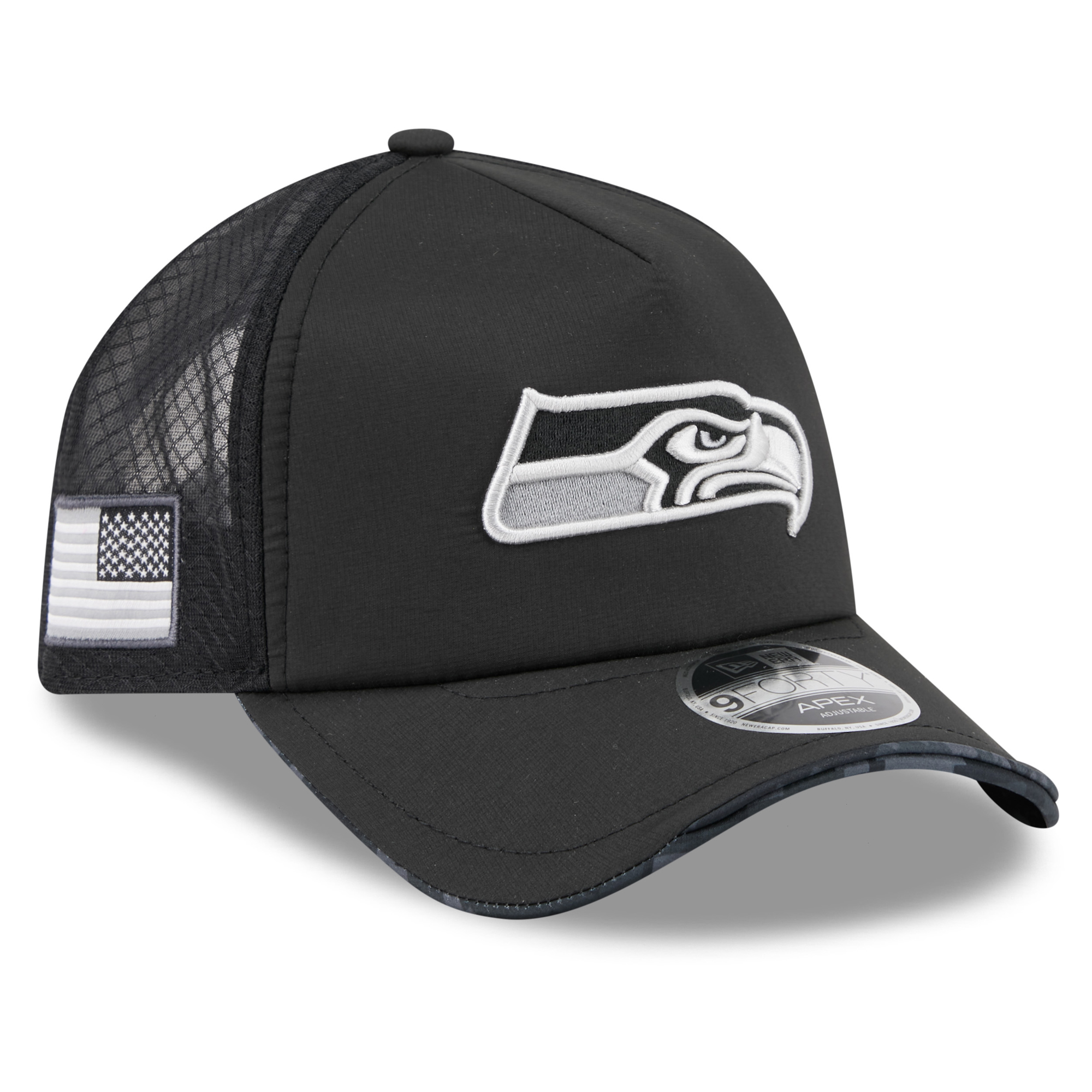 Men's New Era Black Seattle Seahawks 2026 Salute To Service Apex 9FORTY Adjustable Trucker Hat