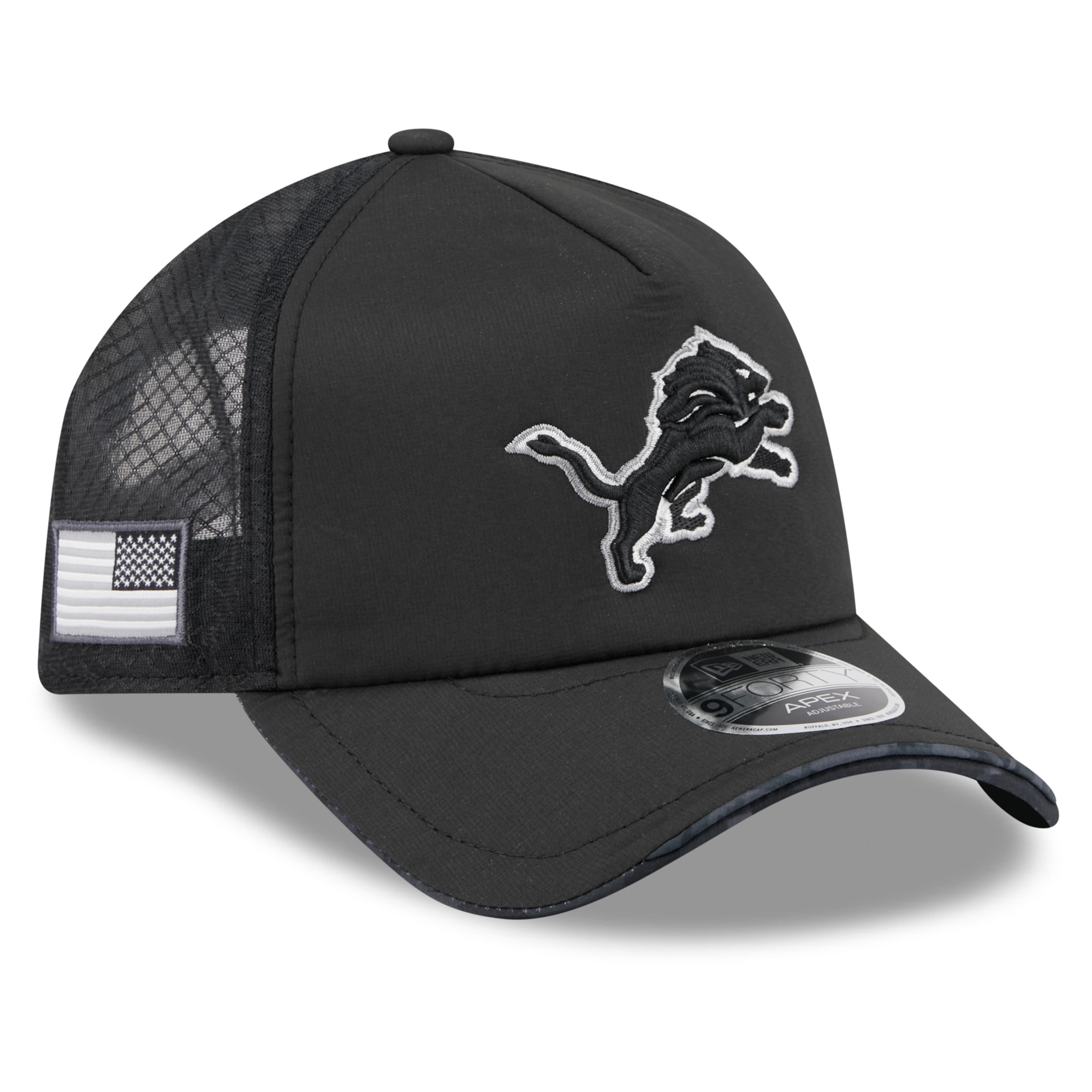 Men's New Era Black Detroit Lions 2026 Salute To Service Apex 9FORTY Adjustable Trucker Hat