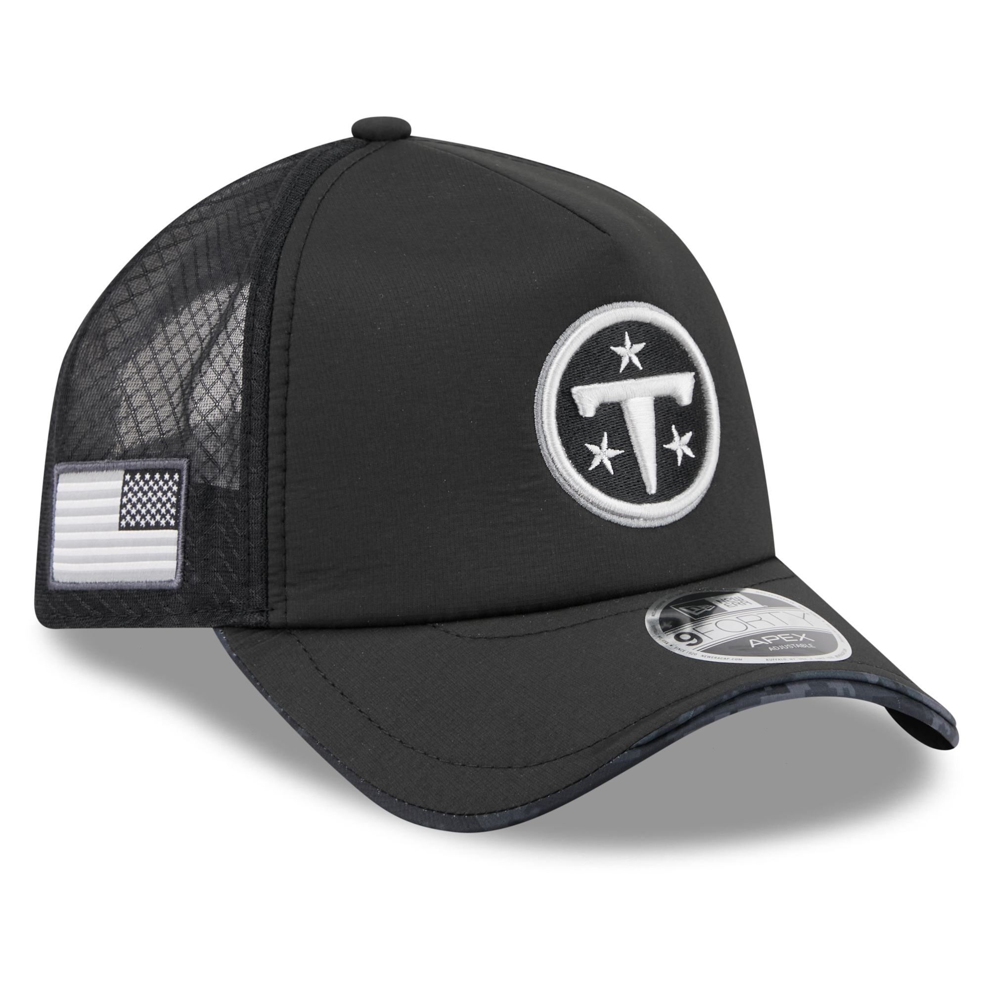 Men's New Era Black Tennessee Titans 2026 Salute To Service Apex 9FORTY Adjustable Trucker Hat