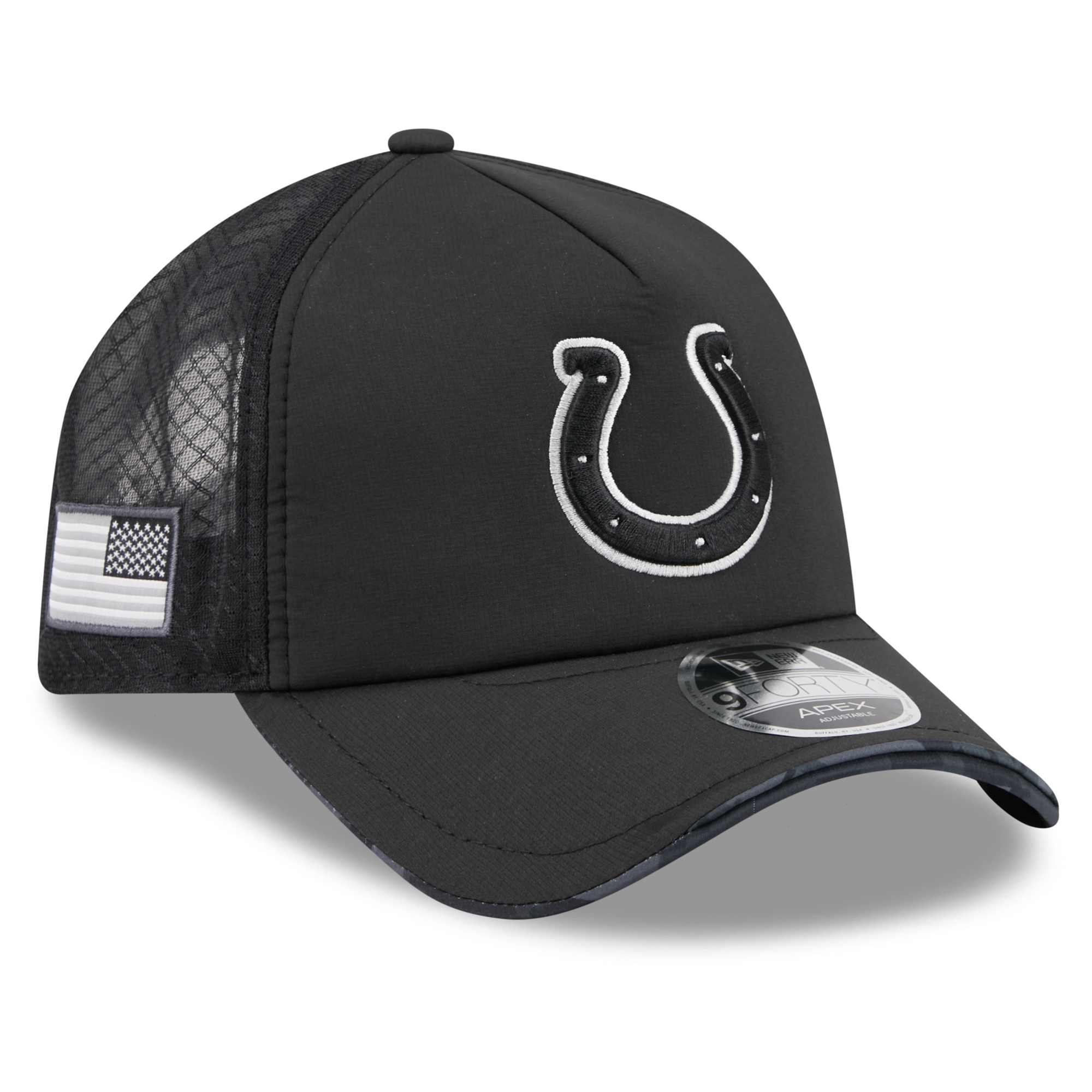 Men's New Era Black Indianapolis Colts 2026 Salute To Service Apex 9FORTY Adjustable Trucker Hat