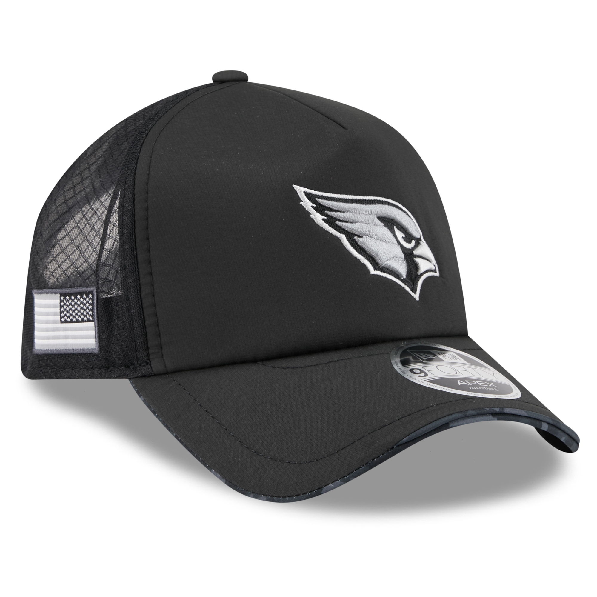 Men's New Era Black Arizona Cardinals 2026 Salute To Service Apex 9FORTY Adjustable Trucker Hat