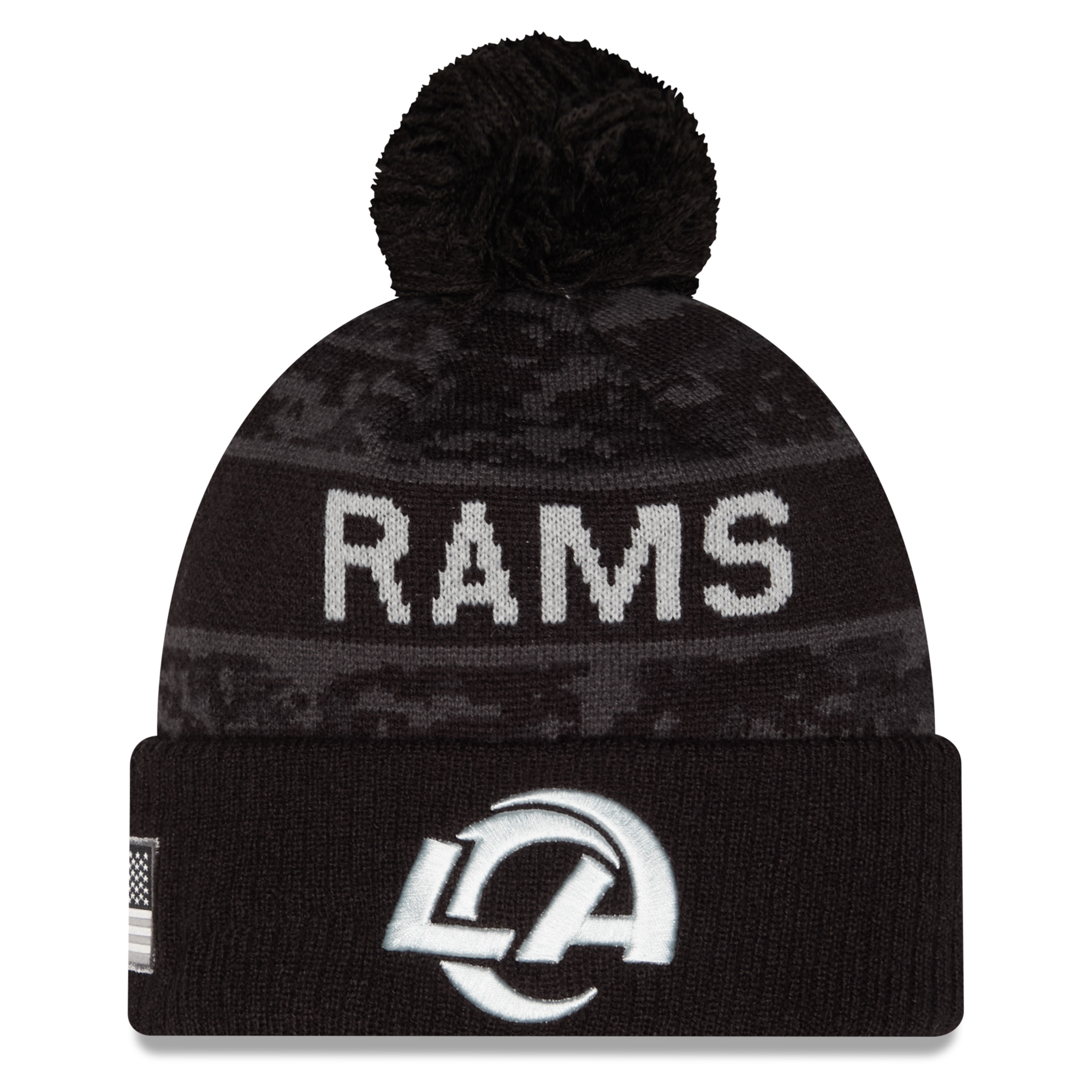 Men's New Era Black Los Angeles Rams 2026 Salute To Service Cuffed Knit Hat with Pom