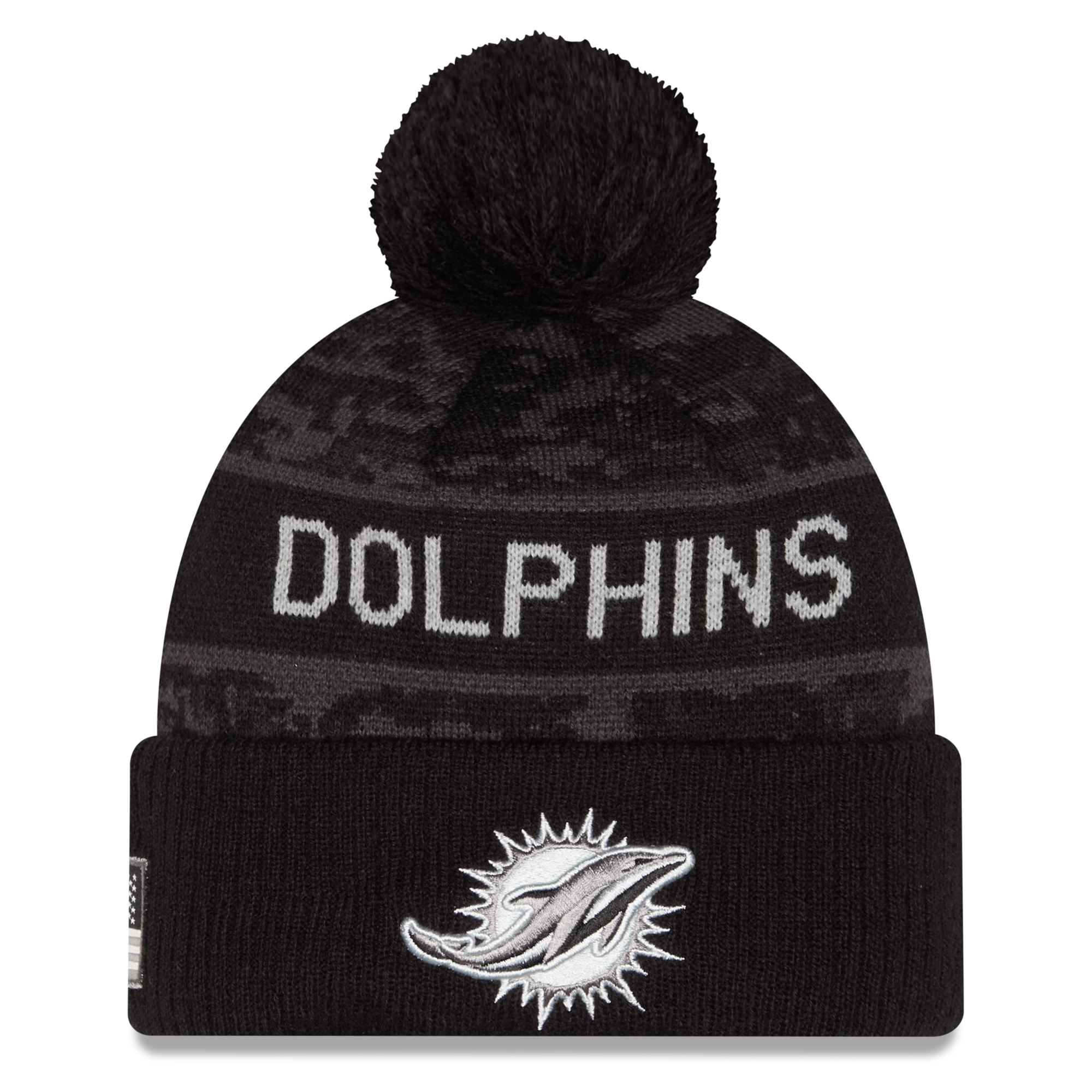 Men's New Era Black Miami Dolphins 2026 Salute To Service Cuffed Knit Hat with Pom