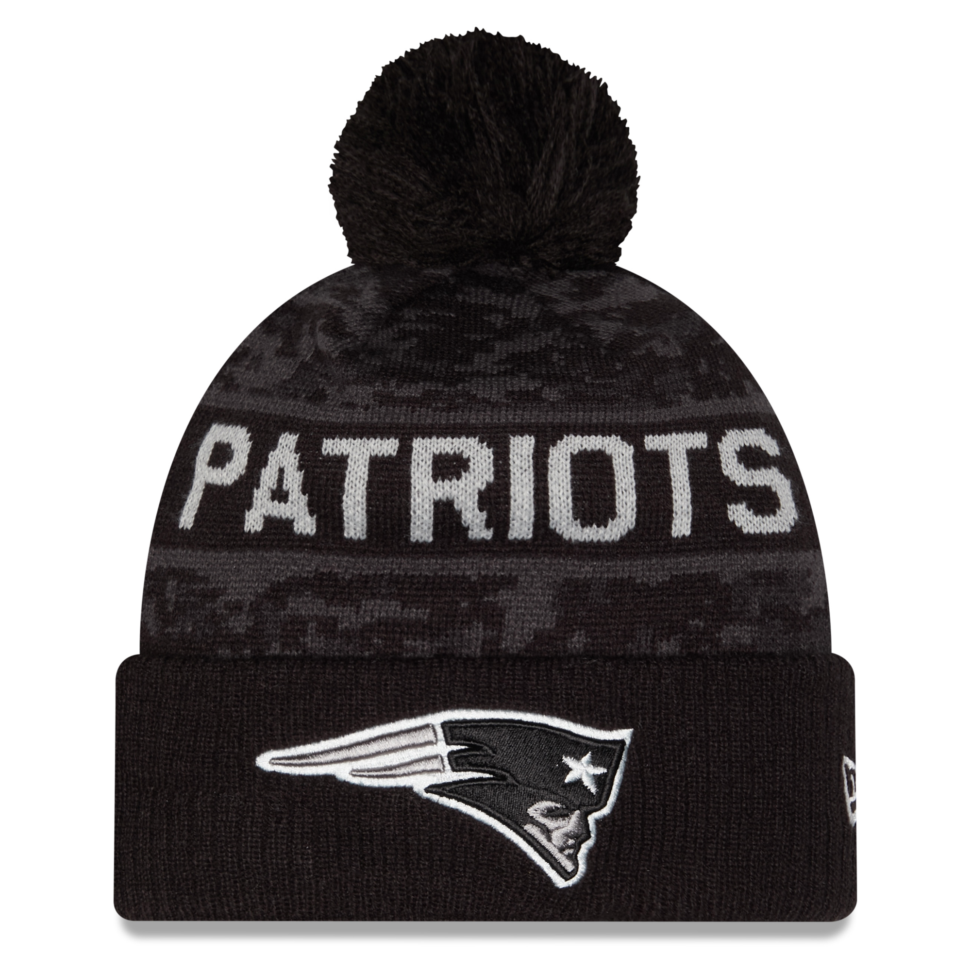 Men's New Era Black New England Patriots 2026 Salute To Service Cuffed Knit Hat with Pom