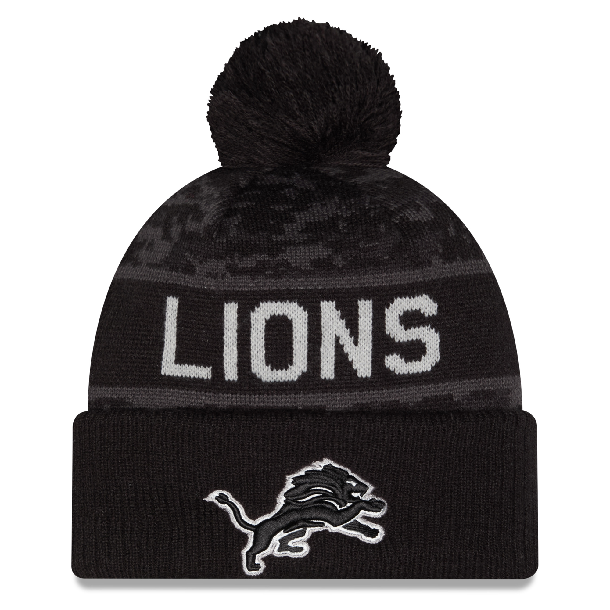 Men's New Era Black Detroit Lions 2026 Salute To Service Cuffed Knit Hat with Pom