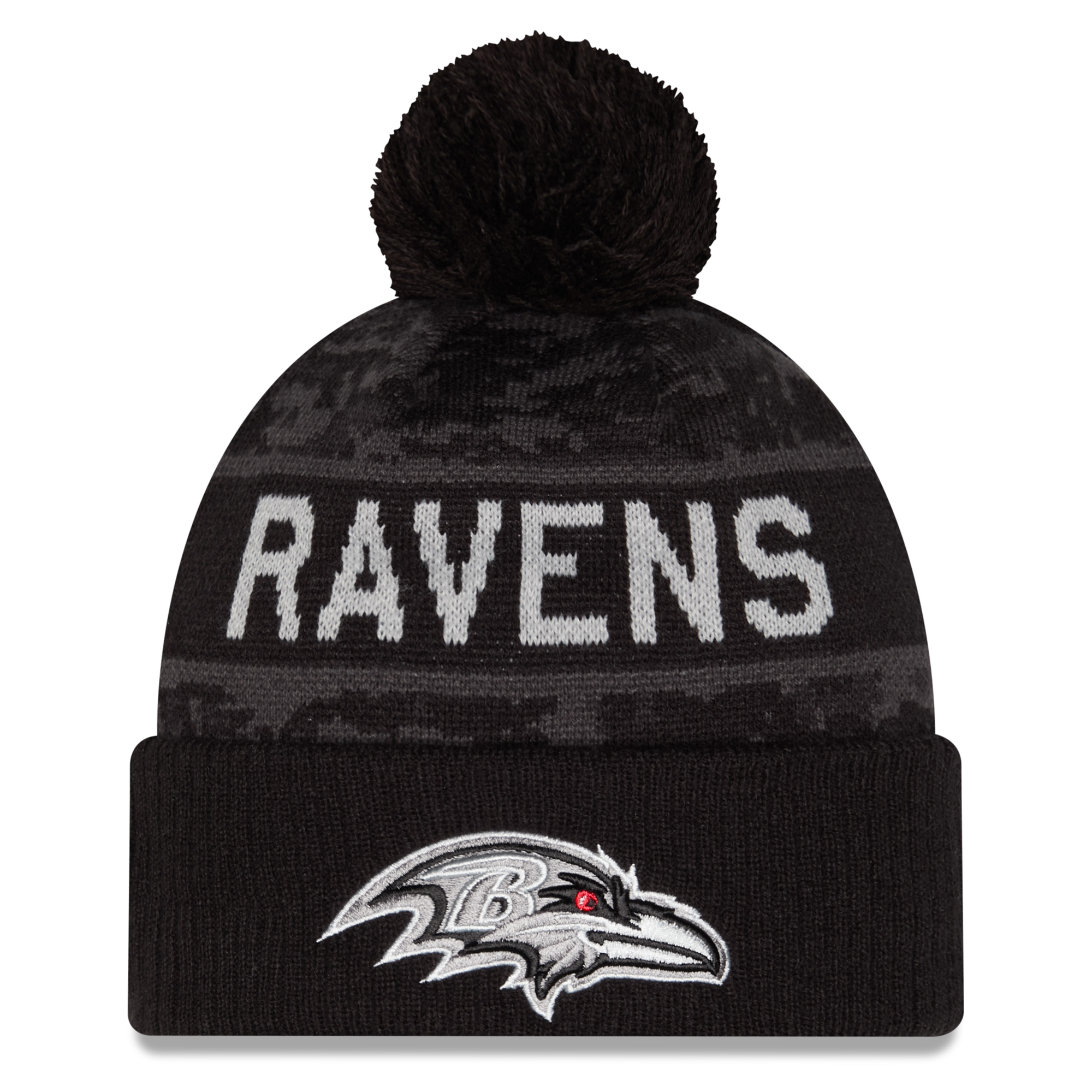 Men's New Era Black Baltimore Ravens 2026 Salute To Service Cuffed Knit Hat with Pom