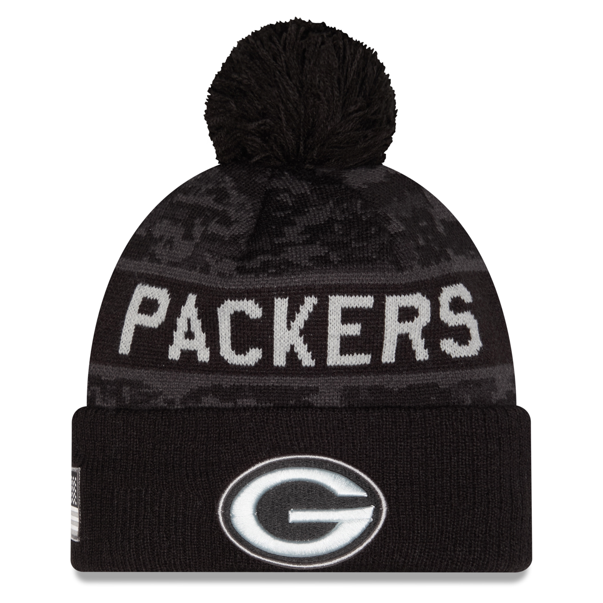 Men's New Era Black Green Bay Packers 2026 Salute To Service Cuffed Knit Hat with Pom