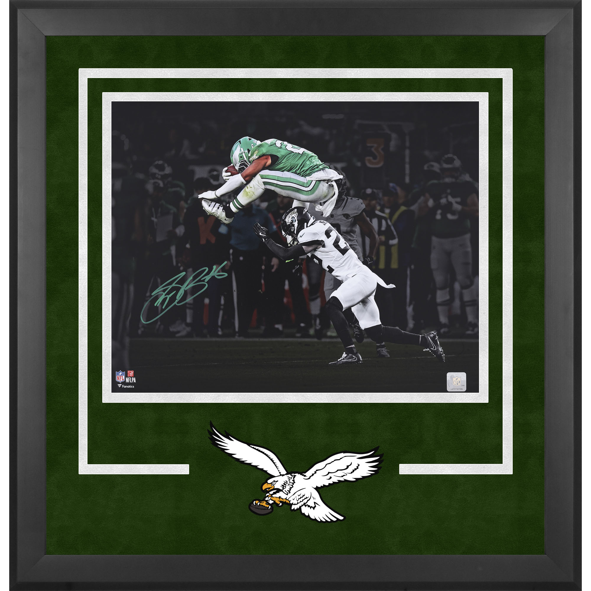 Saquon Barkley Philadelphia Eagles Autographed Deluxe Framed 16" x 20" Reverse Hurdle Spotlight Photograph - Green Ink