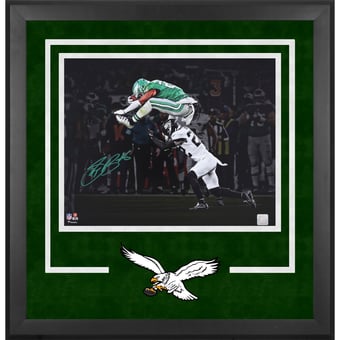 Saquon Barkley Philadelphia Eagles Autographed Deluxe Framed 16" x 20" Reverse Hurdle Spotlight Photograph - Green Ink