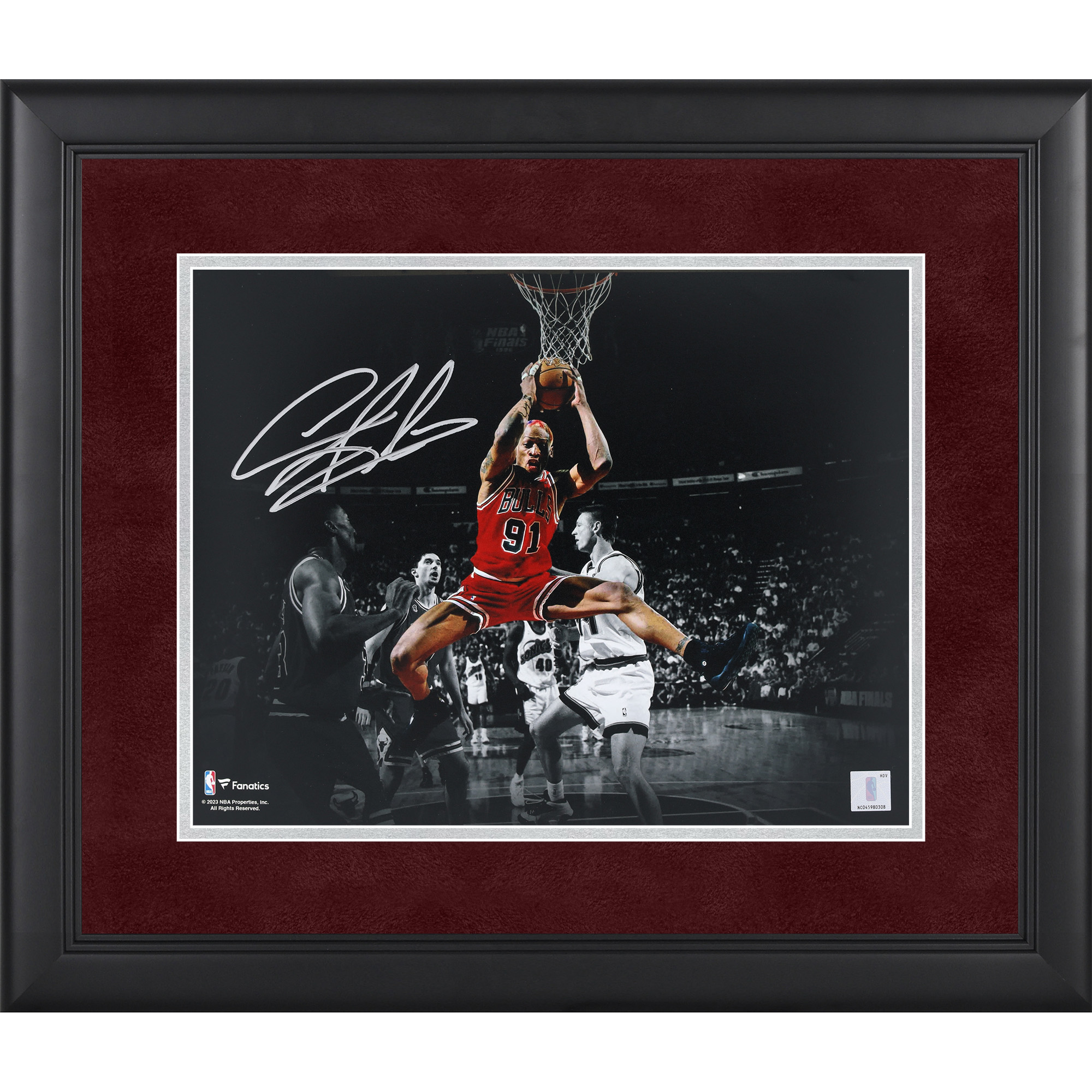 Dennis Rodman Chicago Bulls Autographed Framed 11" x 14" Spotlight Rebound Photograph - Signed in Silver
