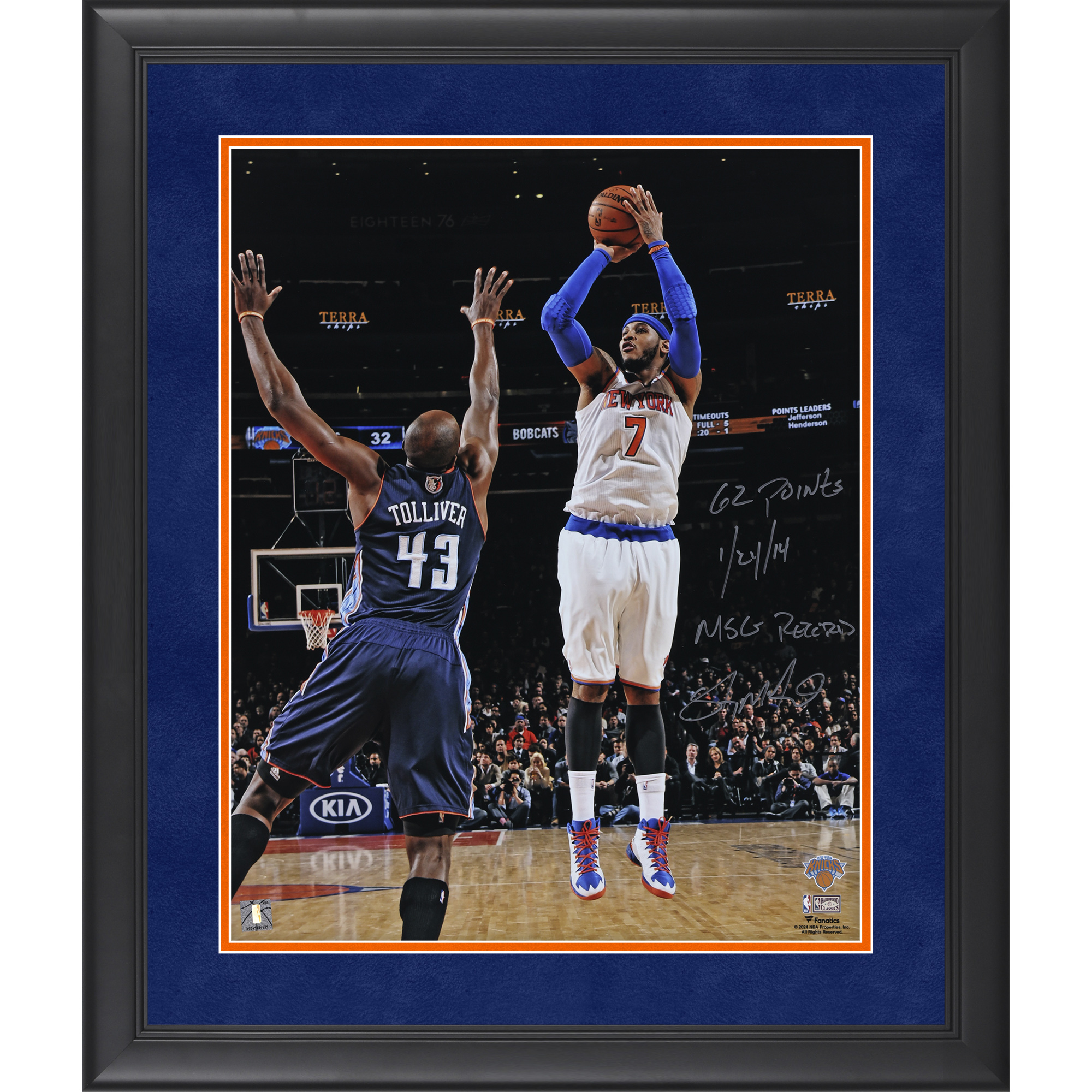 Carmelo Anthony New York Knicks Autographed Framed 16" x 20" 62 Point Performance Photograph with Multiple Inscriptions - Limited Edition of 10