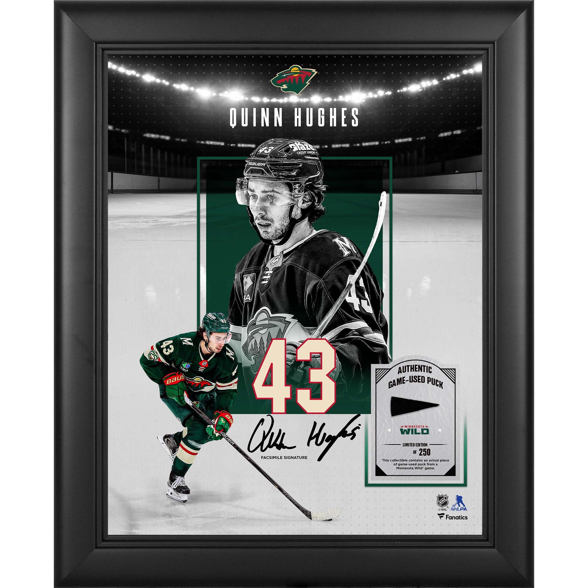 Quinn Hughes Minnesota Wild Facsimile Signature Framed 11" x 14" Showcase Collage with a Piece of Game-Used Puck - Limited Edition of 250