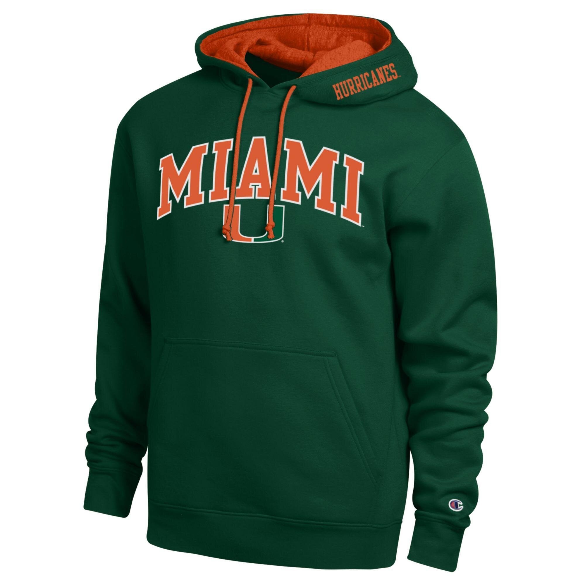 Men's Champion  Green Miami Hurricanes Arch Tackle Twill Hoodie