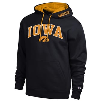 Men's Champion  Black Iowa Hawkeyes Arch Tackle Twill Hoodie