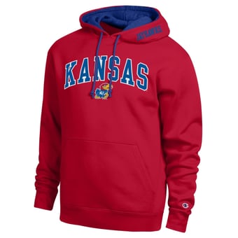 Men's Champion  Red Kansas Jayhawks Arch Tackle Twill Hoodie
