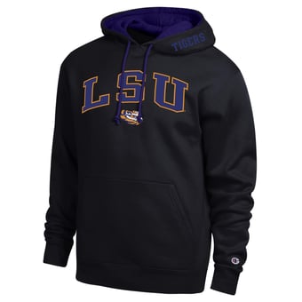 Men's Champion  Black LSU Tigers Arch Tackle Twill Hoodie