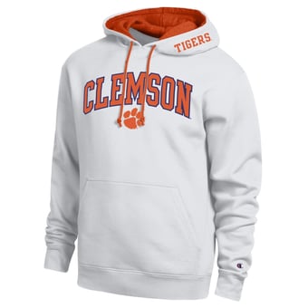 Men's Champion  White Clemson Tigers Arch Tackle Twill Hoodie