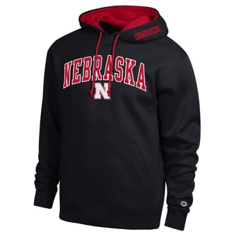 Men's Champion  Black Nebraska Huskers Arch Tackle Twill Hoodie