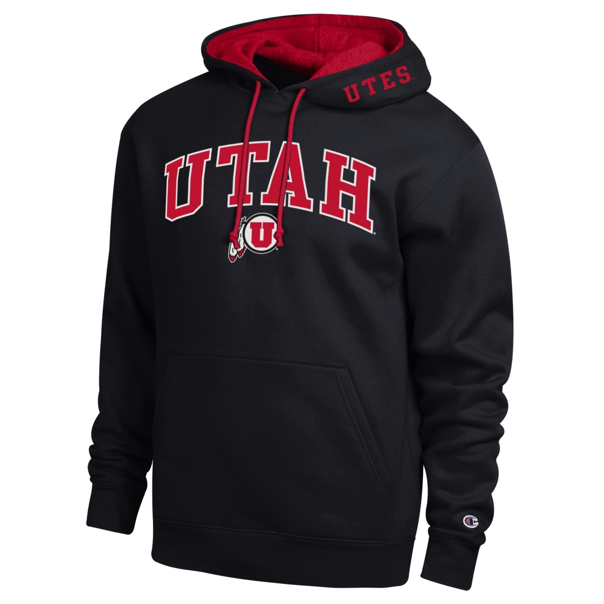 Men's Champion  Black Utah Utes Arch Tackle Twill Hoodie