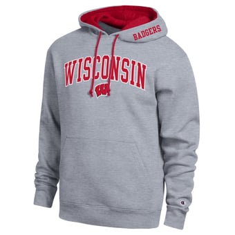 Men's Champion  Heather Gray Wisconsin Badgers Arch Tackle Twill Hoodie
