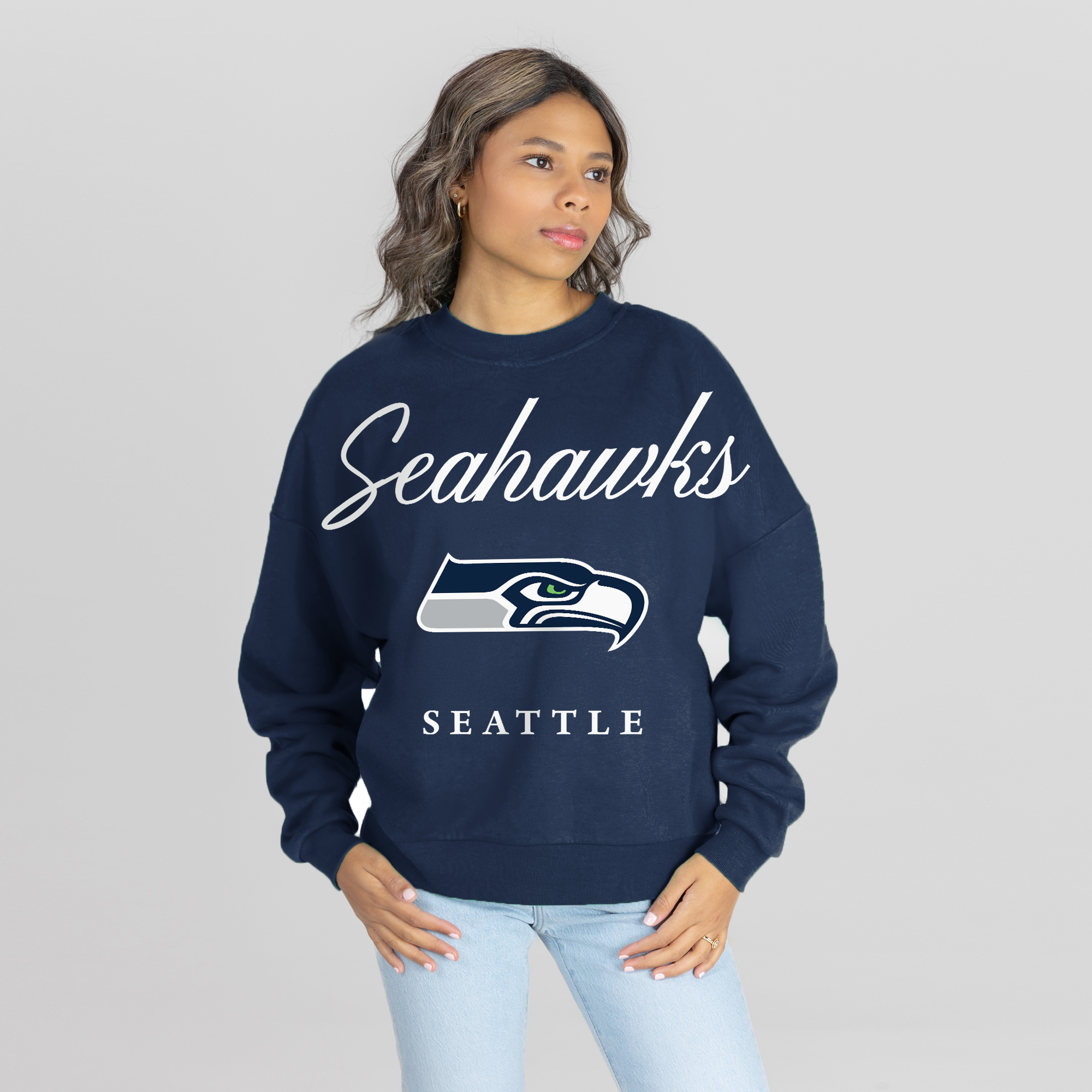 Women's Gameday Couture College Navy Seattle Seahawks Legacy Club Premium Fleece Drop Shoulder Oversized Sweatshirt
