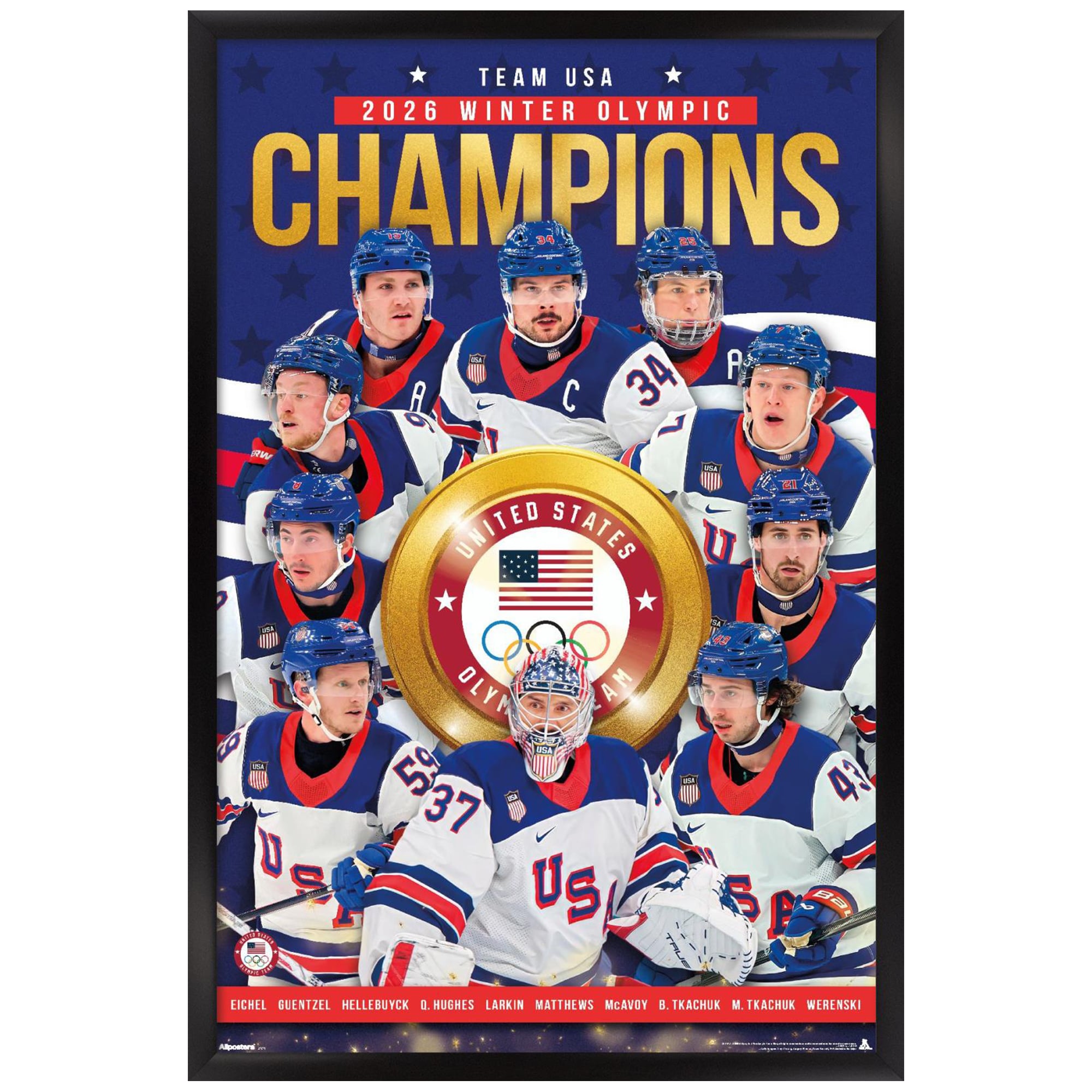 Men's USA Hockey 2026 Winter Olympics Gold Medal 22.375" x 34" Framed Poster