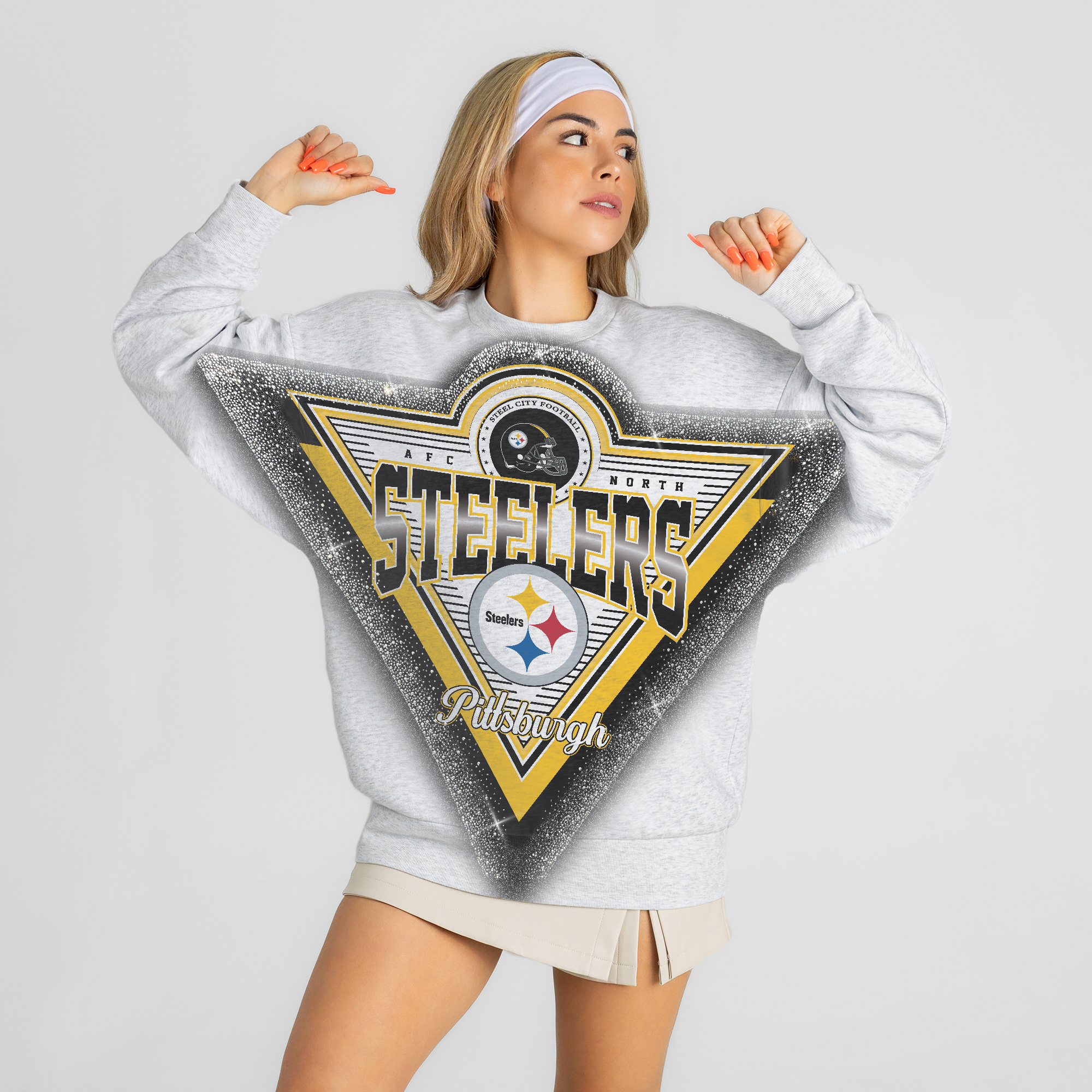 Women's Gameday Couture Heather Gray Pittsburgh Steelers Chasing Victory Rhinestone Spray Oversized Fleece Sweatshirt