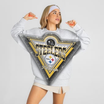 Women's Gameday Couture Heather Gray Pittsburgh Steelers Chasing Victory Rhinestone Spray Oversized Fleece Sweatshirt