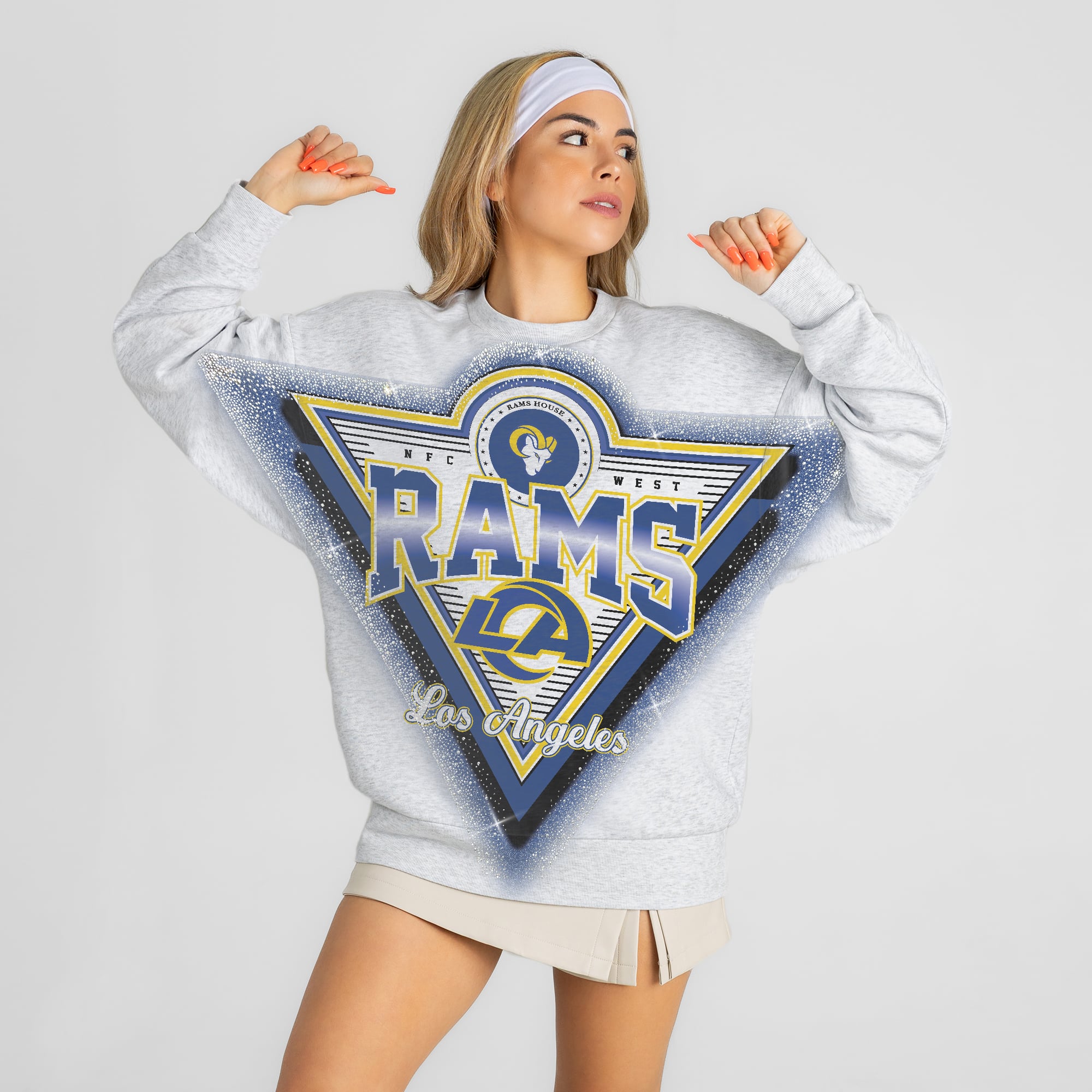 Women's Gameday Couture Ash Los Angeles Rams Chasing Victory Rhinestone Spray Oversized Fleece Sweatshirt