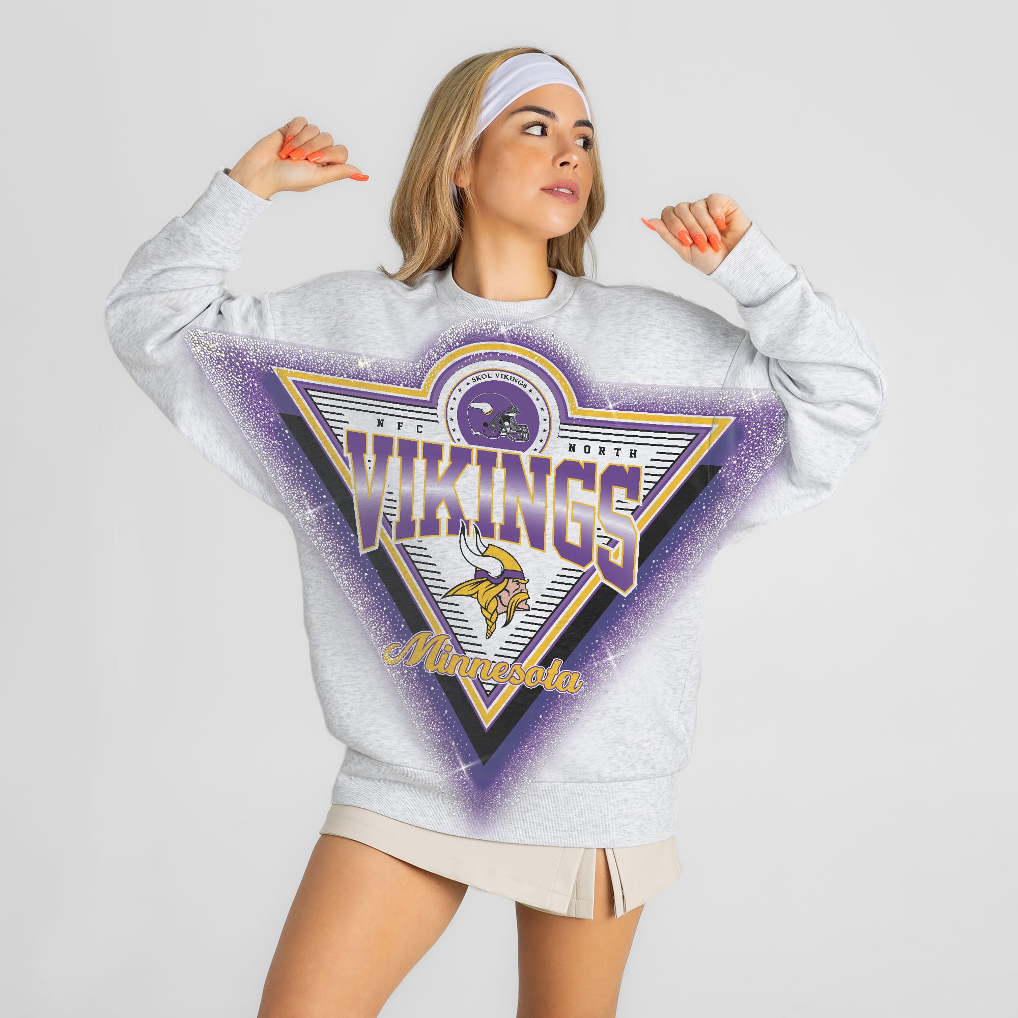 Women's Gameday Couture Ash Minnesota Vikings Chasing Victory Rhinestone Spray Oversized Fleece Sweatshirt