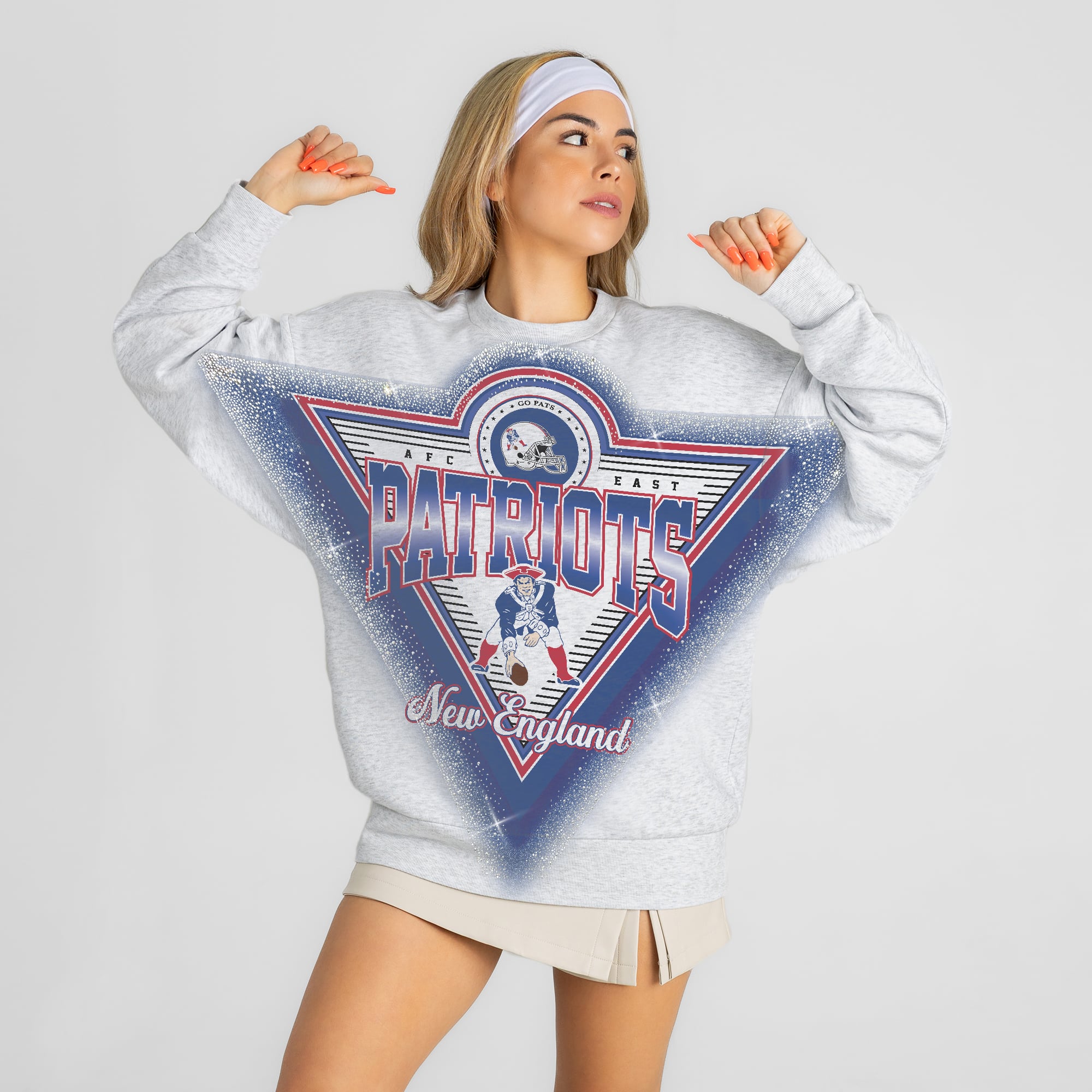 Women's Gameday Couture Ash New England Patriots Chasing Victory Rhinestone Spray Oversized Fleece Sweatshirt
