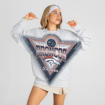 Women's Gameday Couture Heather Gray Denver Broncos Chasing Victory Rhinestone Spray Oversized Fleece Sweatshirt