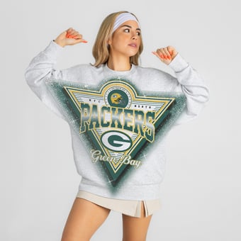 Women's Gameday Couture Heather Gray Green Bay Packers Chasing Victory Rhinestone Spray Oversized Fleece Sweatshirt