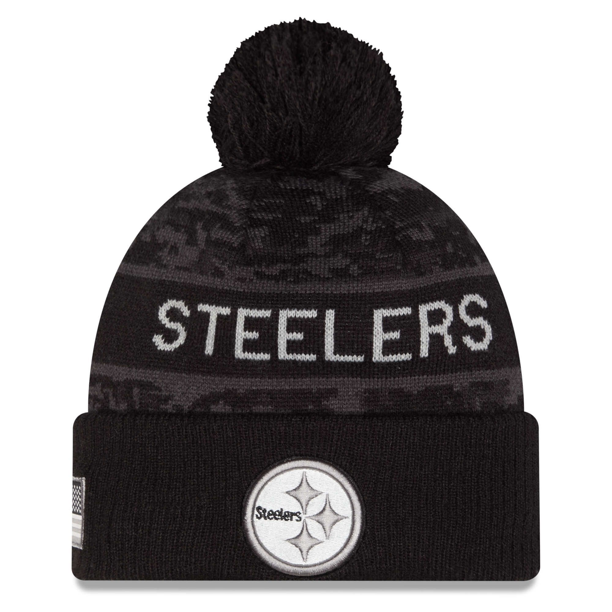 Youth New Era Black Pittsburgh Steelers 2026 Salute To Service Cuffed Knit Hat with Pom
