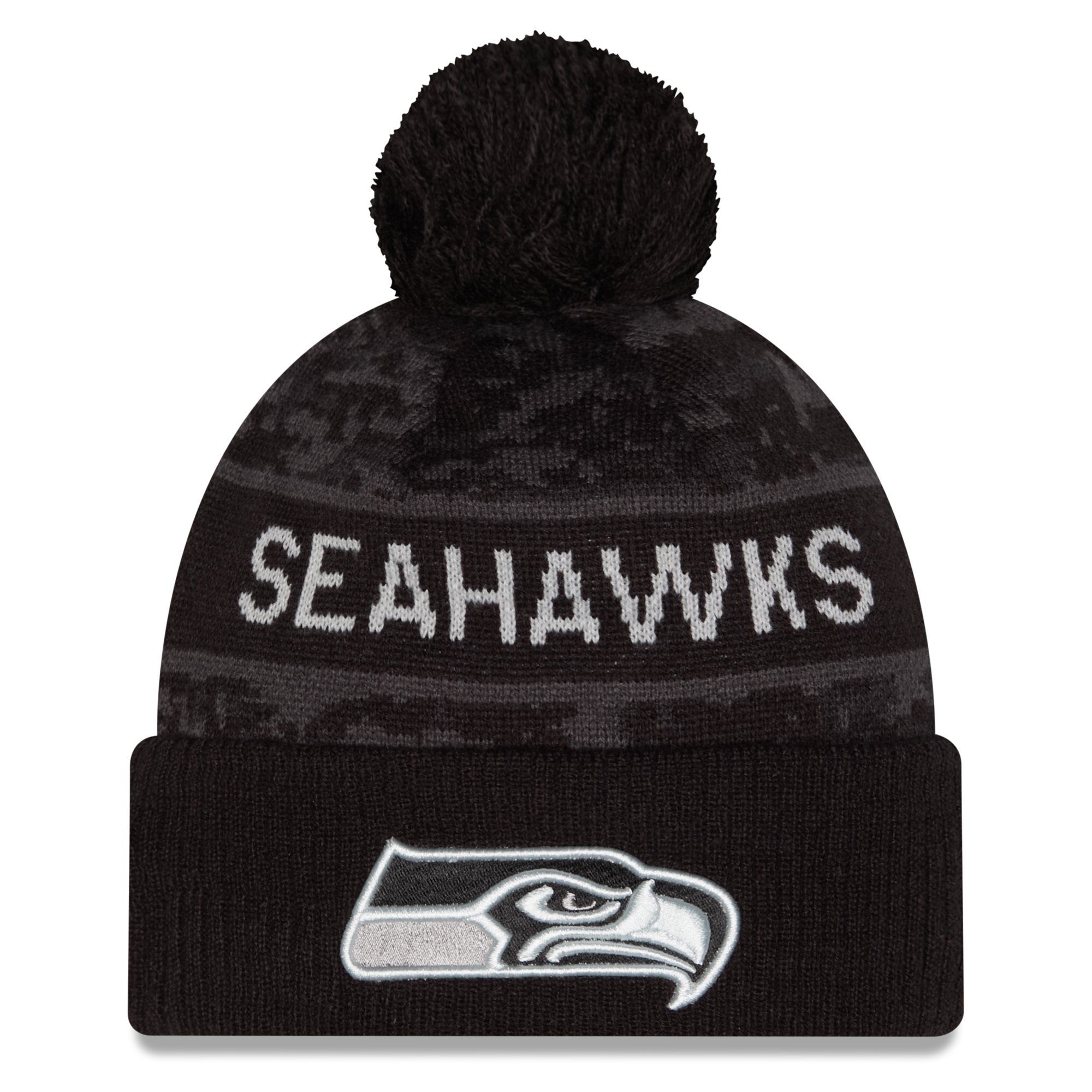 Youth New Era Black Seattle Seahawks 2026 Salute To Service Cuffed Knit Hat with Pom