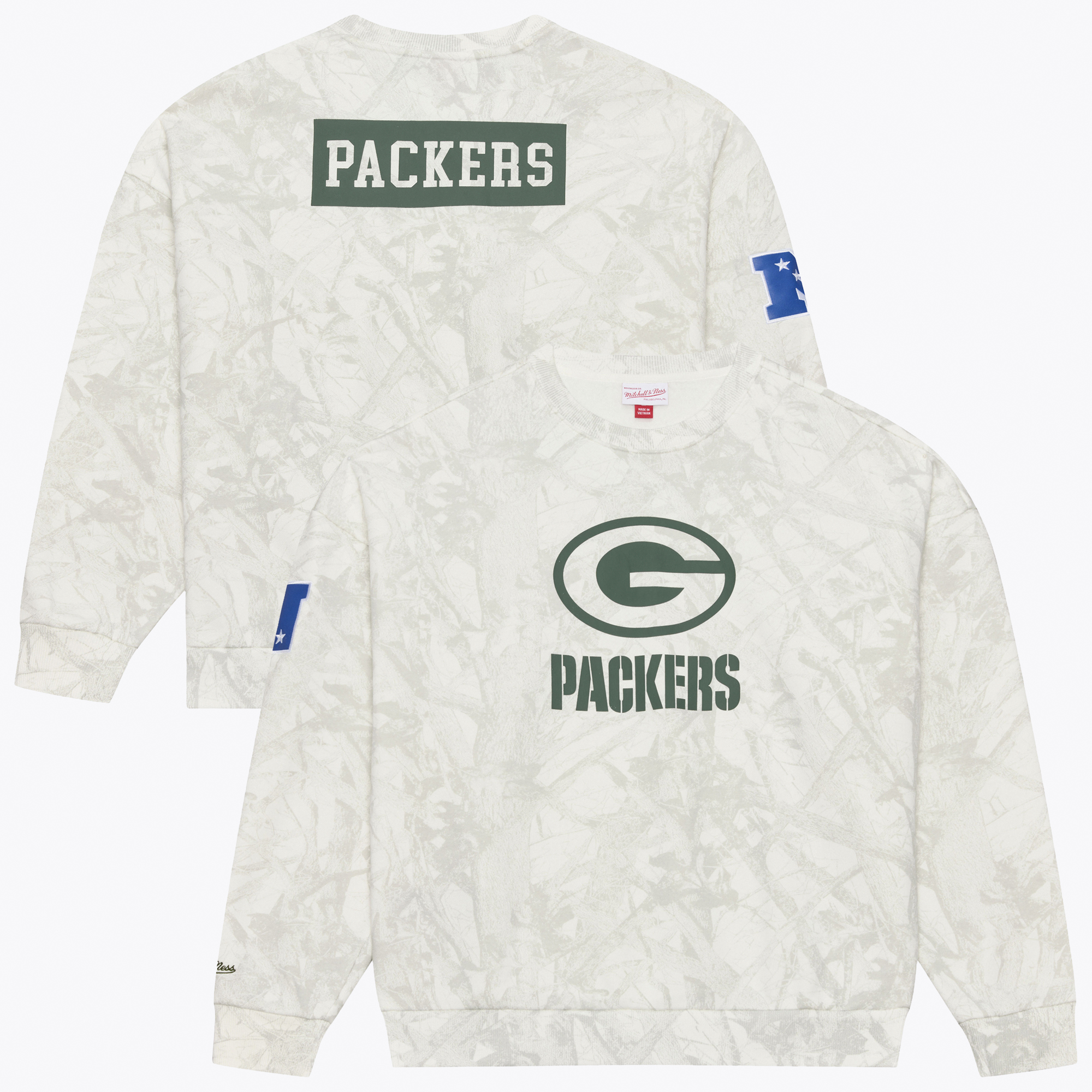 Men's Mitchell & Ness  White Green Bay Packers Ghosted Crewneck Sweatshirt