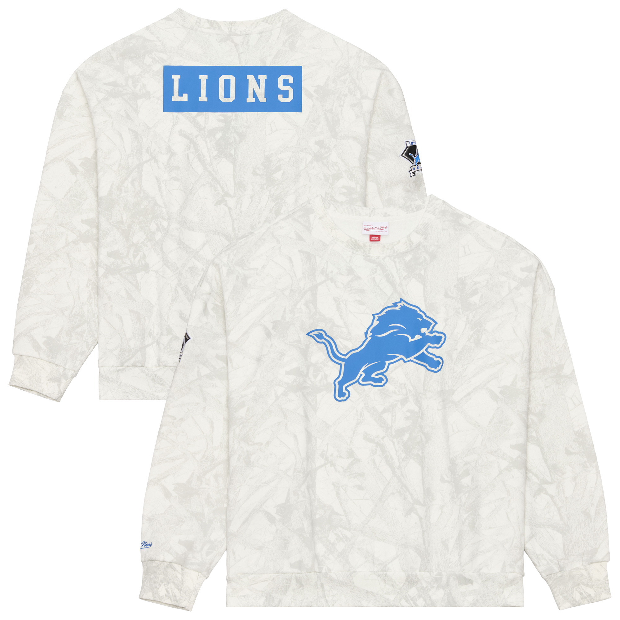 Men's Mitchell & Ness White Detroit Lions Ghosted Crewneck Sweatshirt