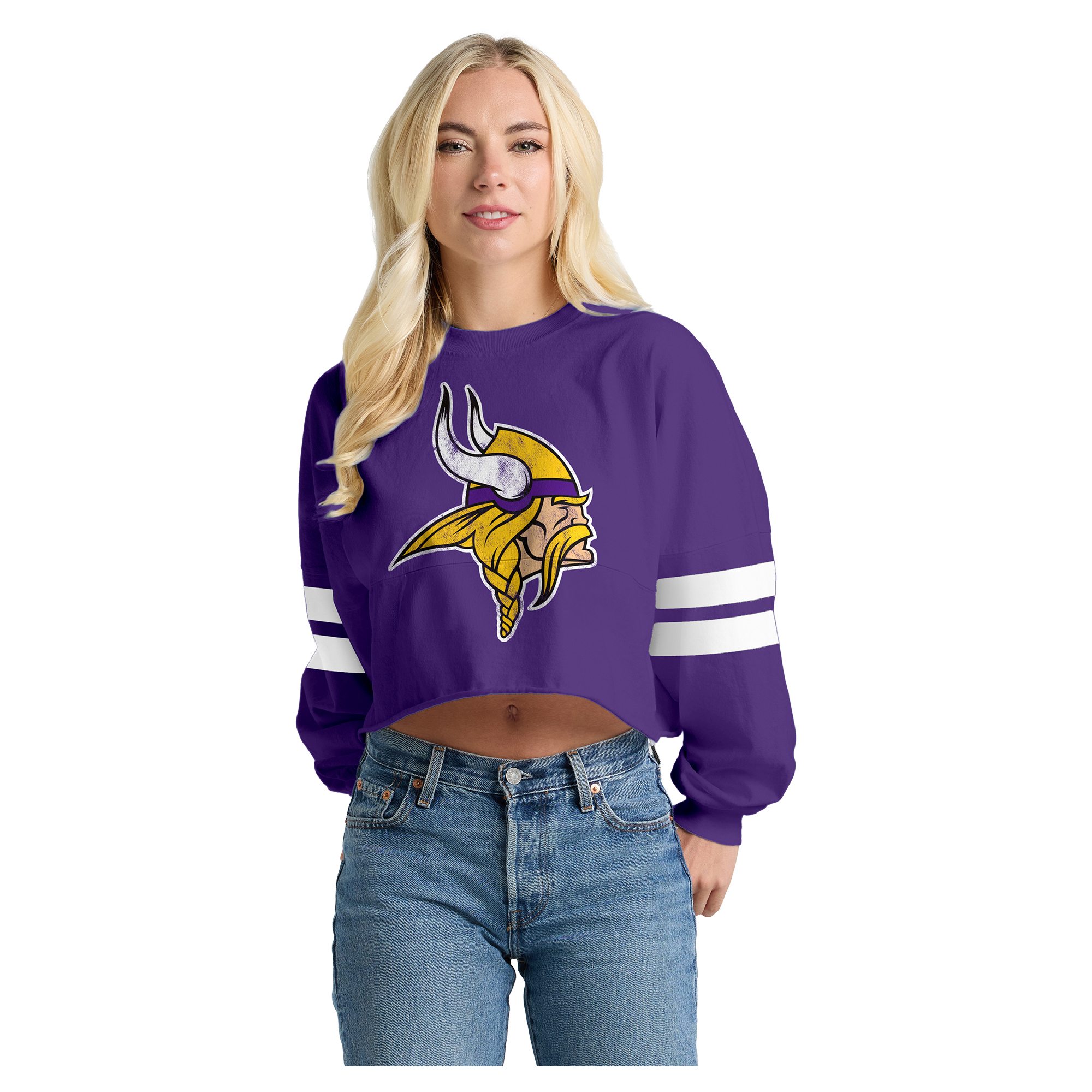 Women's Spirit Jersey  Purple Minnesota Vikings Oversized Cropped Stripe Long Sleeve T-Shirt