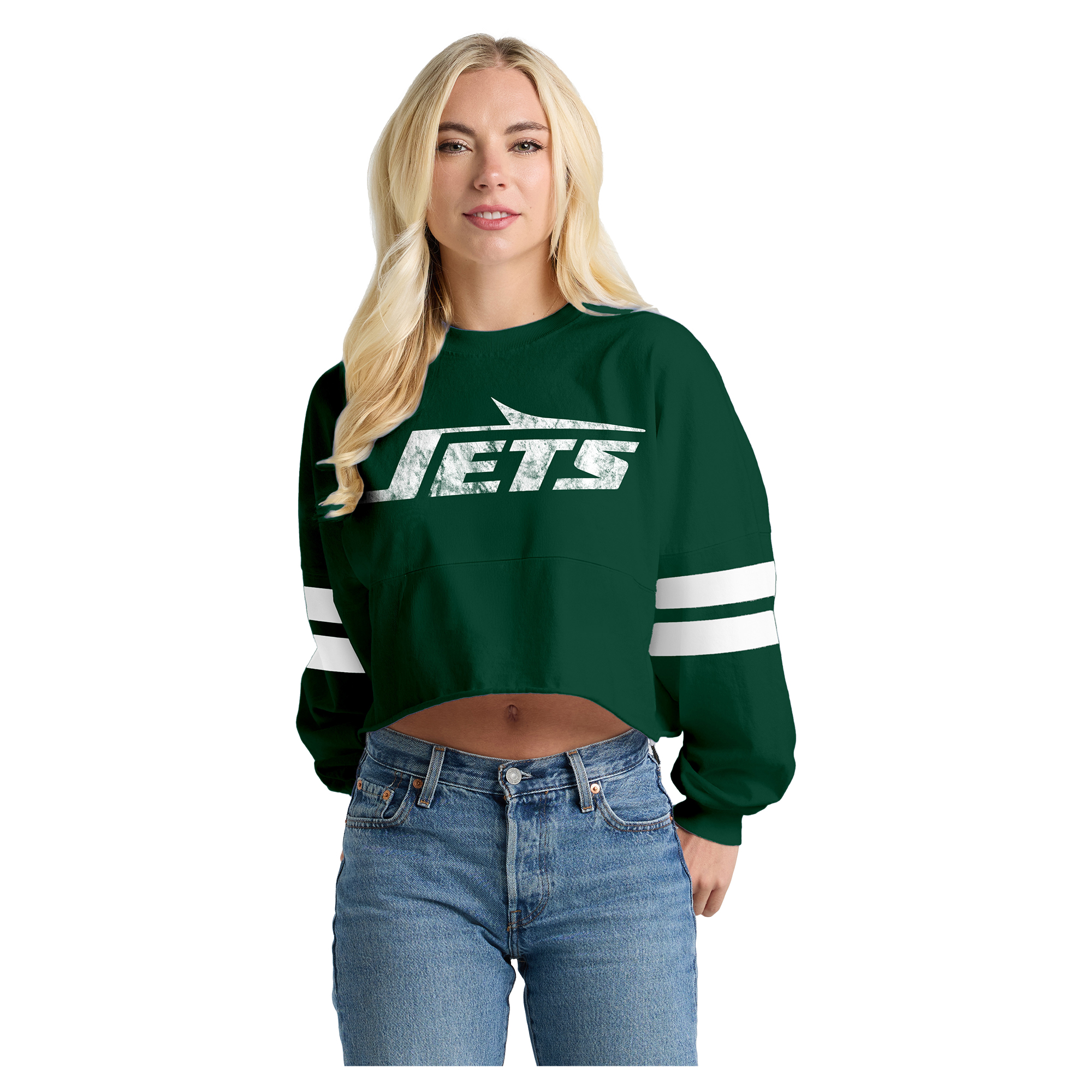 Women's Spirit Jersey  Green New York Jets Oversized Cropped Stripe Long Sleeve T-Shirt