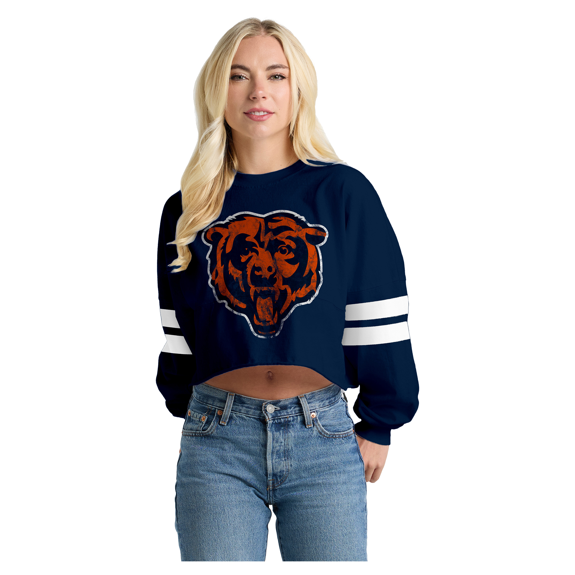 Spirit Jersey Women's Navy Chicago Bears Oversized Cropped Stripe Long Sleeve T-Shirt - Navy