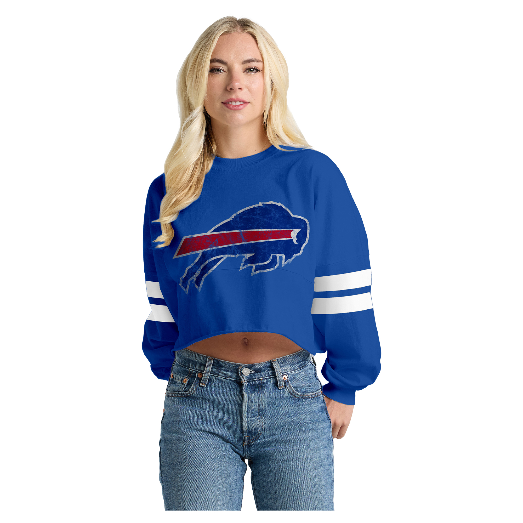 Women's Spirit Jersey Royal Buffalo Bills Oversized Cropped Stripe Long Sleeve T-Shirt