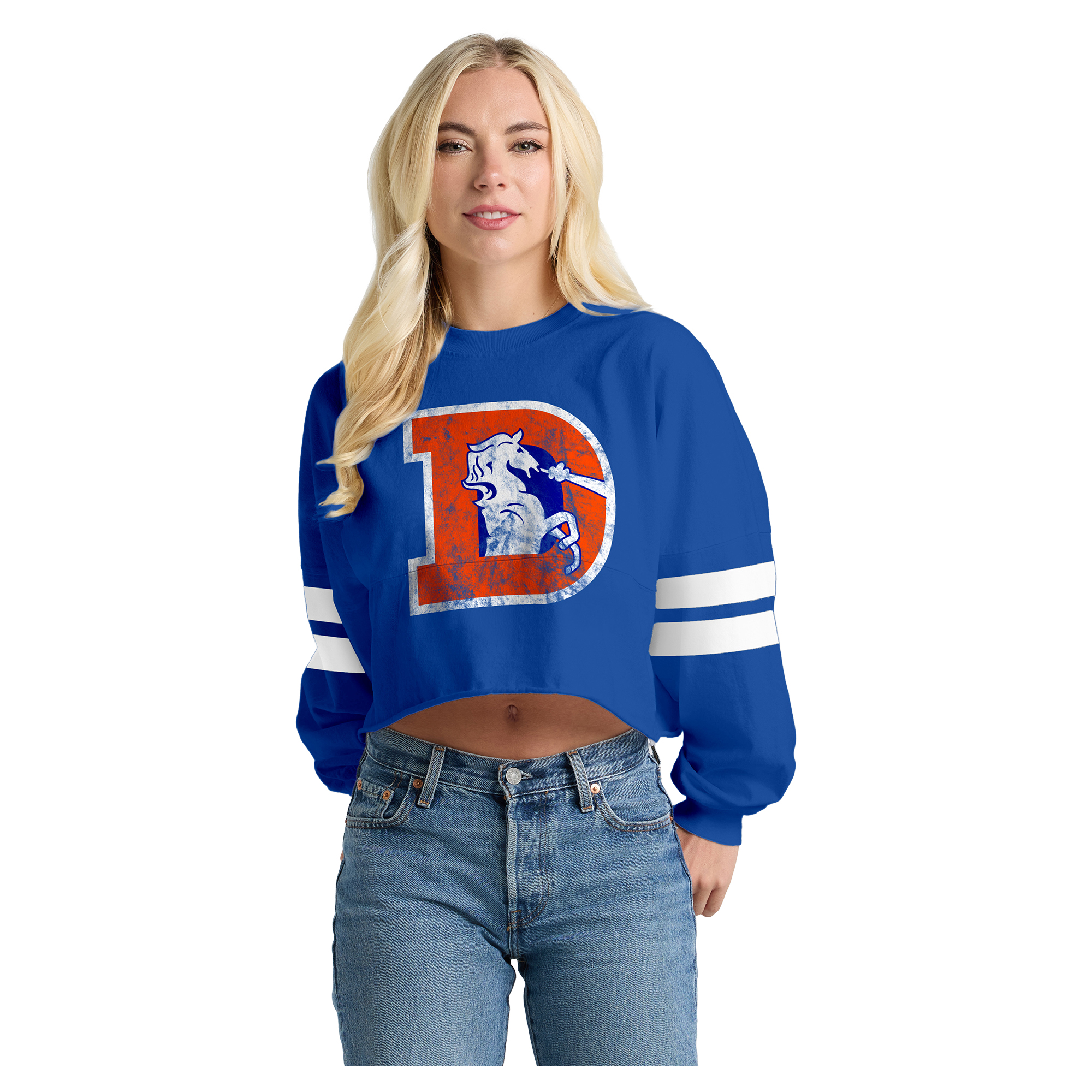 Women's Spirit Jersey  Navy Denver Broncos Oversized Cropped Stripe Long Sleeve T-Shirt