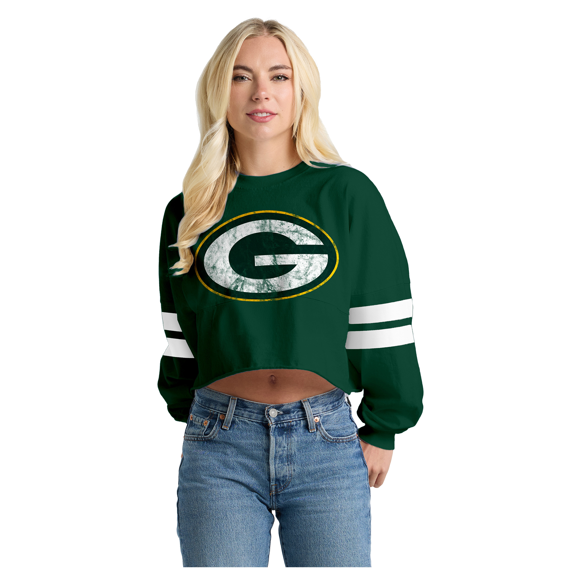 Women's Spirit Jersey Green Green Bay Packers Oversized Cropped Stripe Long Sleeve T-Shirt