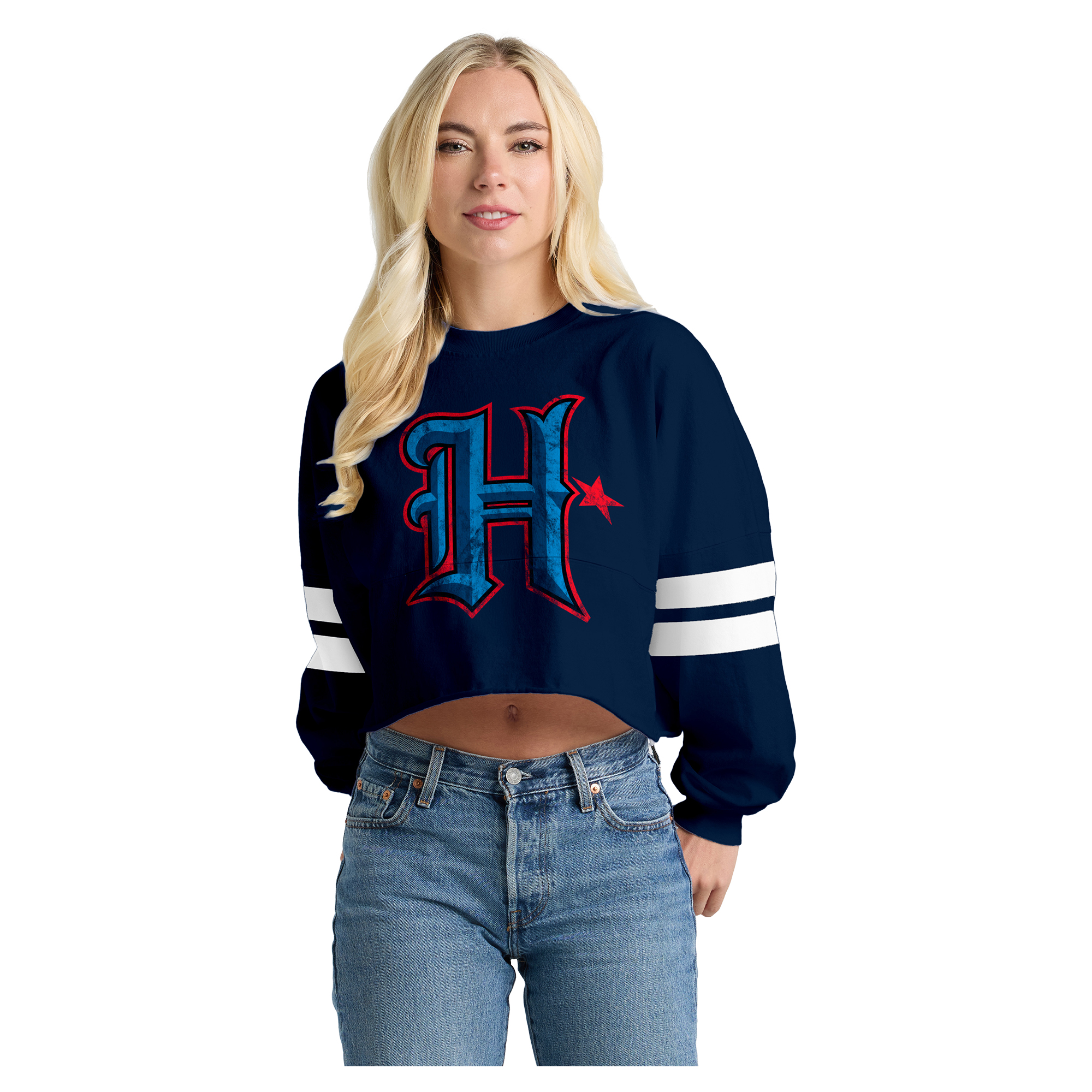 Spirit Jersey Women's Houston Texans Oversized Cropped Stripe Long-Sleeve T-Shirt - Navy